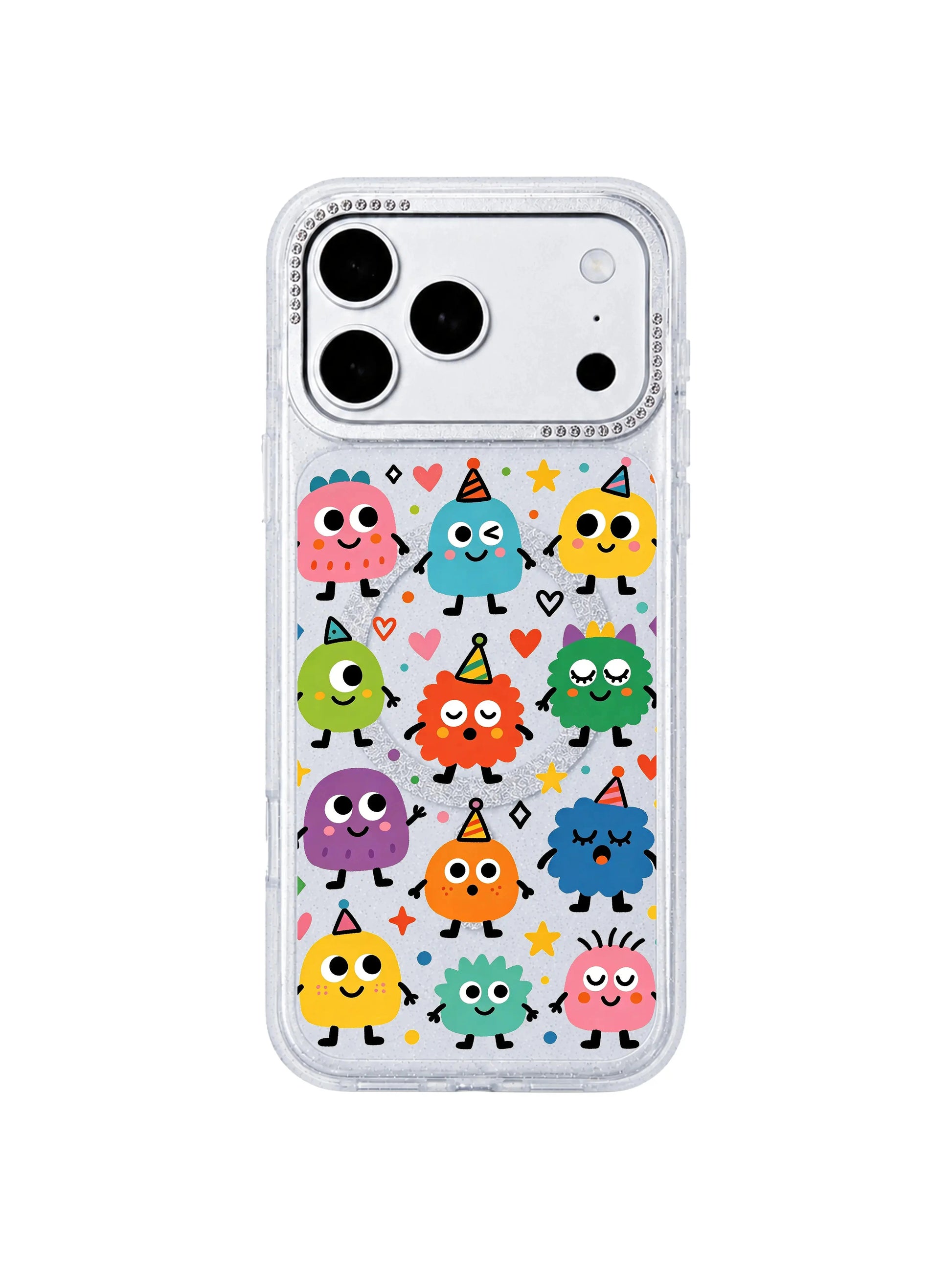 PhoneCasing glitter transparent base texture front banner Rainbow Eye Party iPhone 17 Pro Max case, slim clear wearable art casing highlighting original hand-drawn party monster series