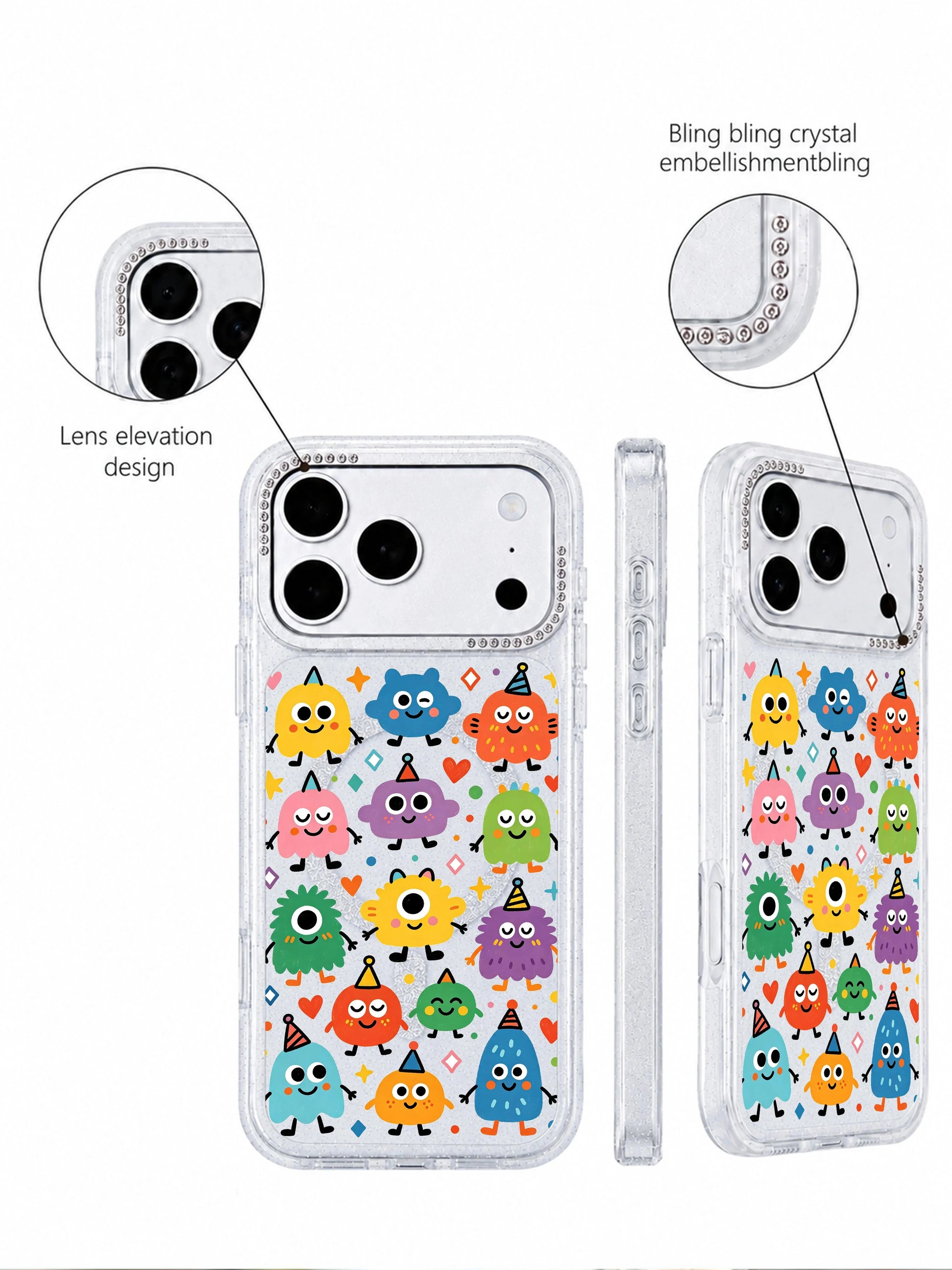 PhoneCasing heart star confetti decorative accent main detail Rainbow Eye Party iPhone 17 Pro Max casing, warm whimsical doodle art from Milo Popkins x PhoneCasing limited collab