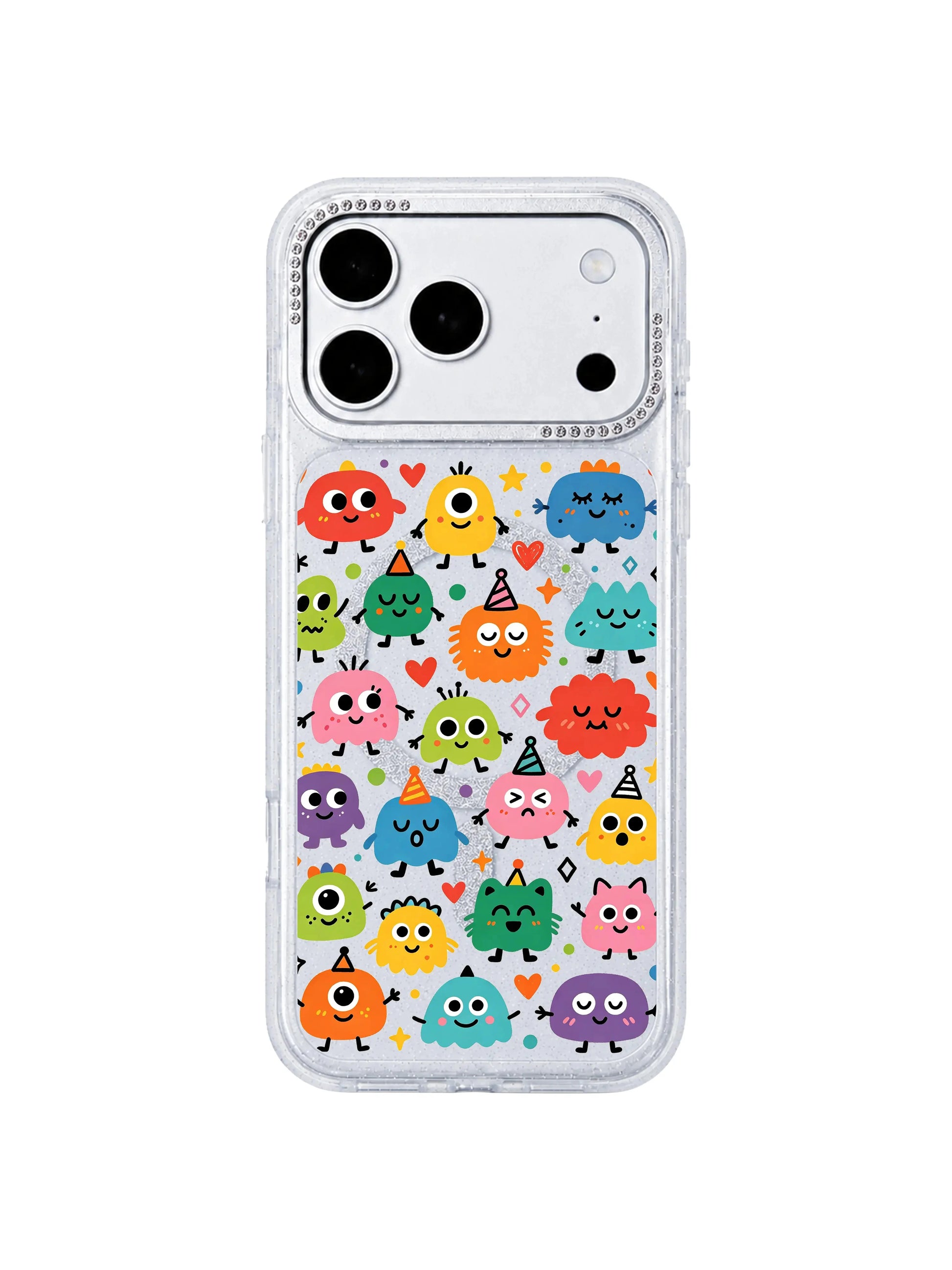 PhoneCasing indoor desk lifestyle frontpage shot Rainbow Eye Party iPhone 17 Pro Max case, soft uplifting party monster doodle casing for women’s daily device styling