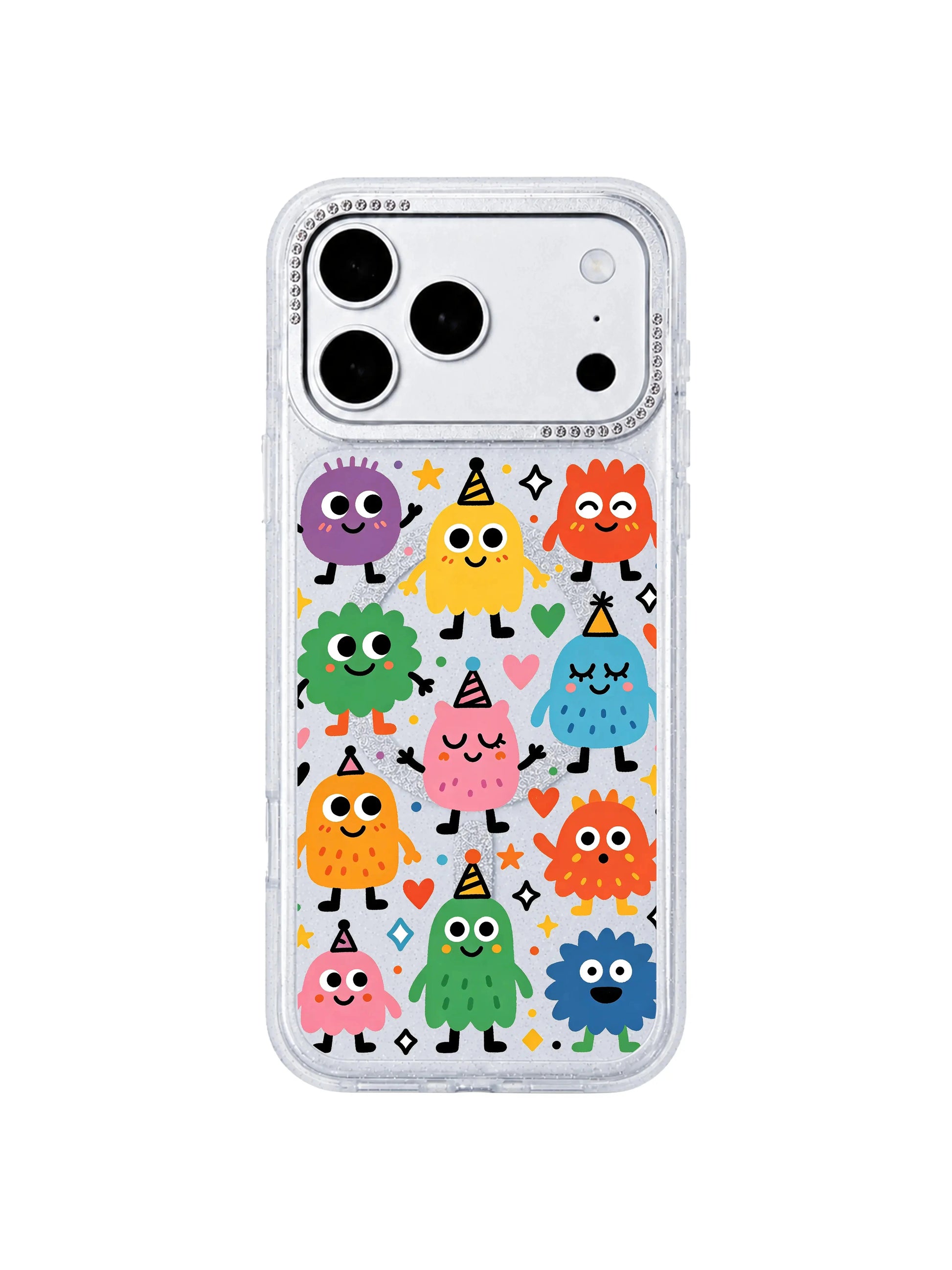 PhoneCasing MagSafe compatible frontpage feature shot Rainbow Eye Party iPhone 17 Pro Max casing, glitter clear custom phone case with original Milo Popkins rainbow monster party illustration