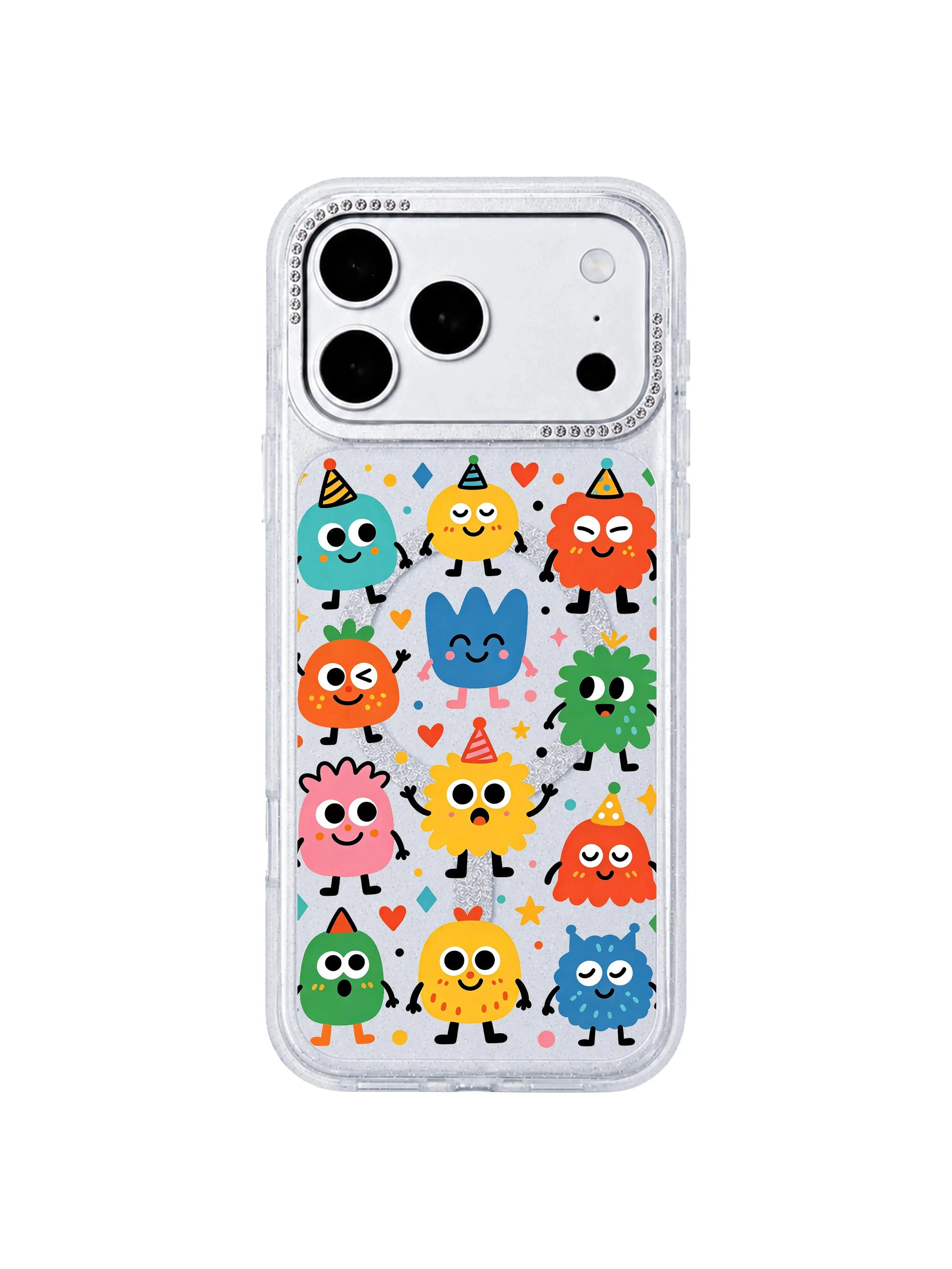 PhoneCasing outdoor street model lifestyle listing main Rainbow Eye Party iPhone 17 Pro Max casing, gift-ready artist collaboration case featured on store landing page