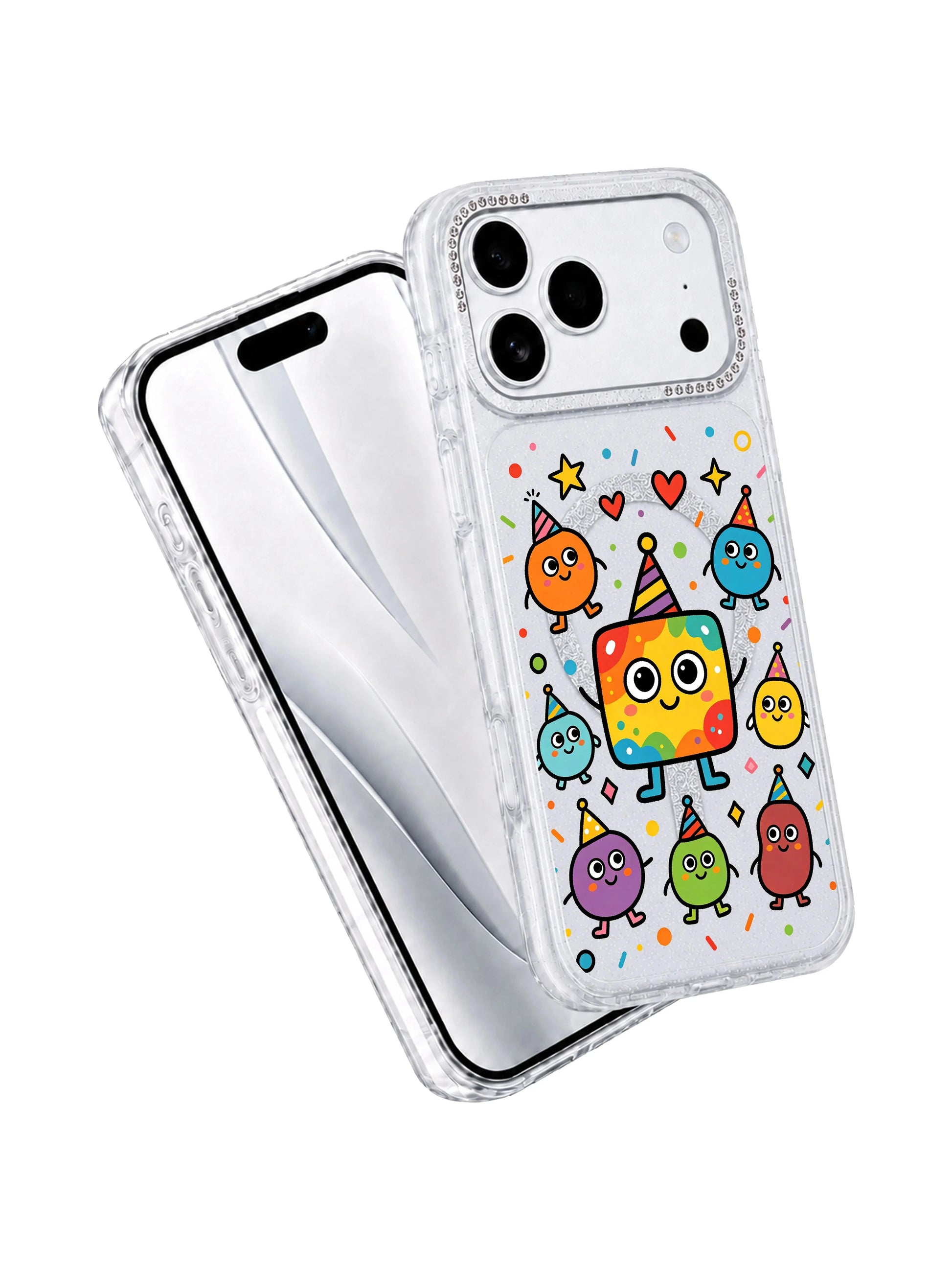  PhoneCasing side cutout close-up showing perfectly molded volume buttons, charging port and speaker grilles on Rainbow Square Monster Self Love iPhone 17 Pro Max case, zero-loose custom fit demonstration iPhone 17 Pro Max protective casing