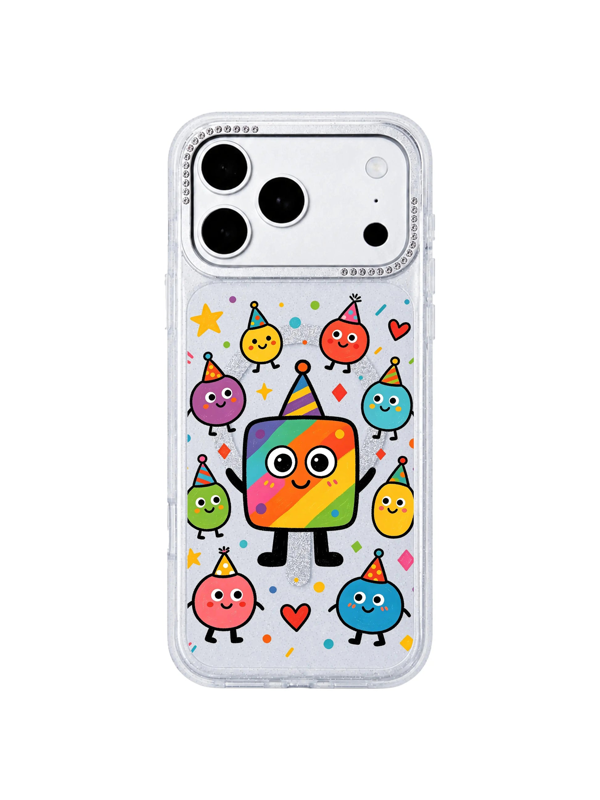 PhoneCasing close-up banner of bling crystal rhinestone camera bezel on Rainbow Square Monster Self Love iPhone 17 Pro Max case, raised scratch-proof lens guard highlight graphic for luxury style iPhone 17 Pro Max casing