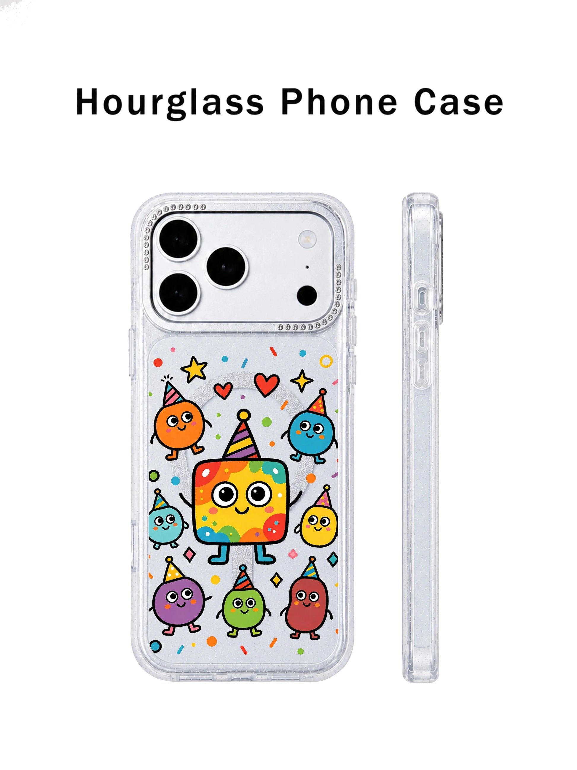 PhoneCasing dual-angle overview graphic of Rainbow Square Monster Self Love iPhone 17 Pro Max case, front artwork panel plus side rhinestone lens frame combined visual for product carousel slide iPhone 17 Pro Max casing listing