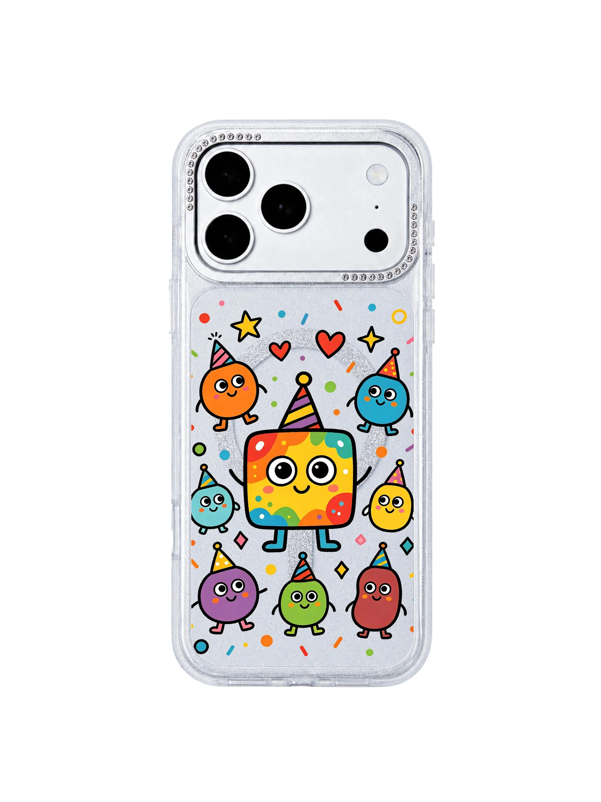 PhoneCasing full color spectrum display shot of Rainbow Square Monster Self Love iPhone 17 Pro Max case, saturated multicolor square monster and blob doodles printed with scratch-proof long-lasting UV ink, full hue showcase iPhone 17 Pro Max casing