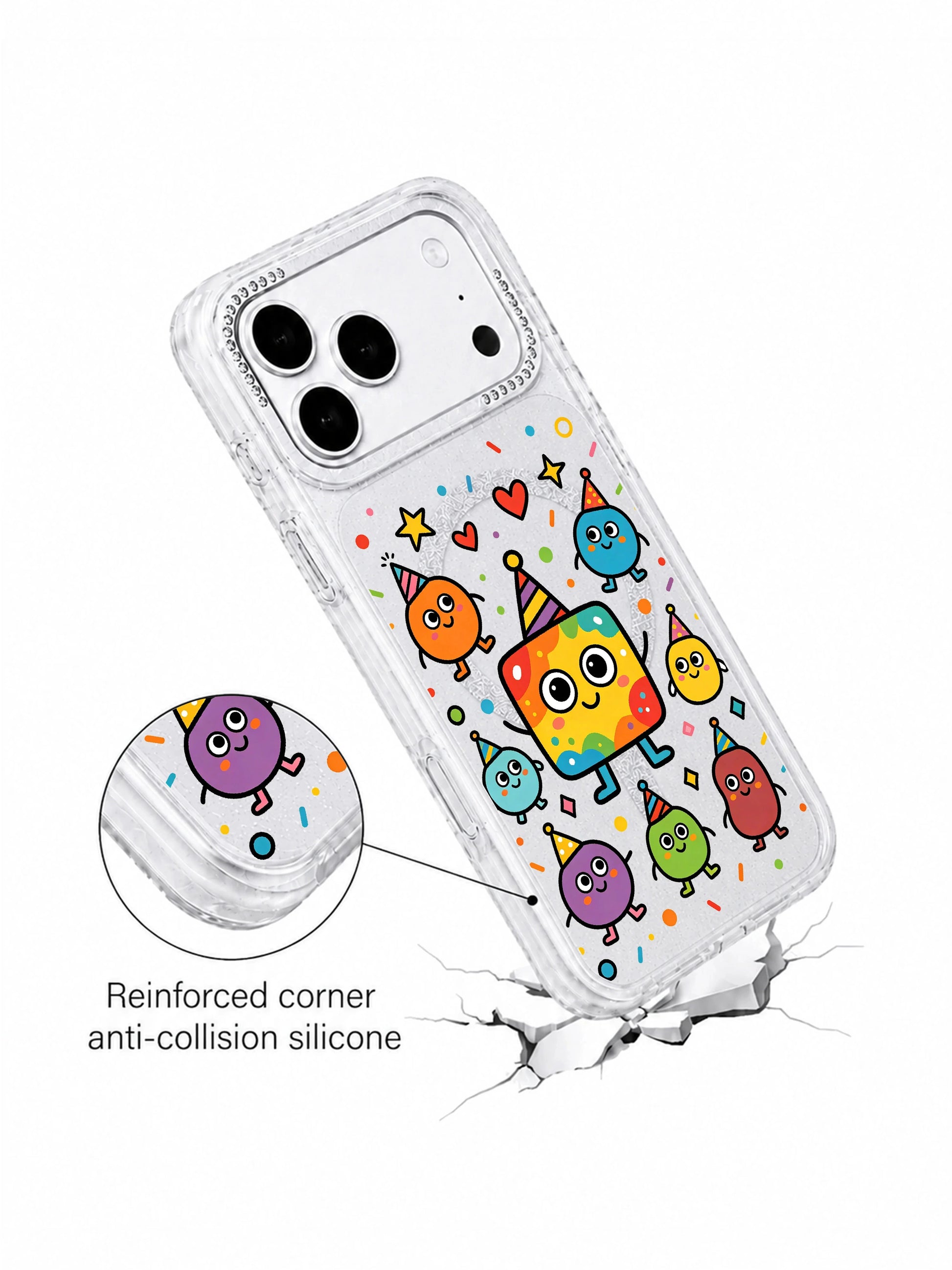 PhoneCasing decorative element close-up of hand-drawn hearts, stars and geometric confetti scattered around rainbow square blob monster characters on Rainbow Square Monster Self Love iPhone 17 Pro Max case, warm self-worth theme storytelling graphic for iPhone 17 Pro Max casing copy
