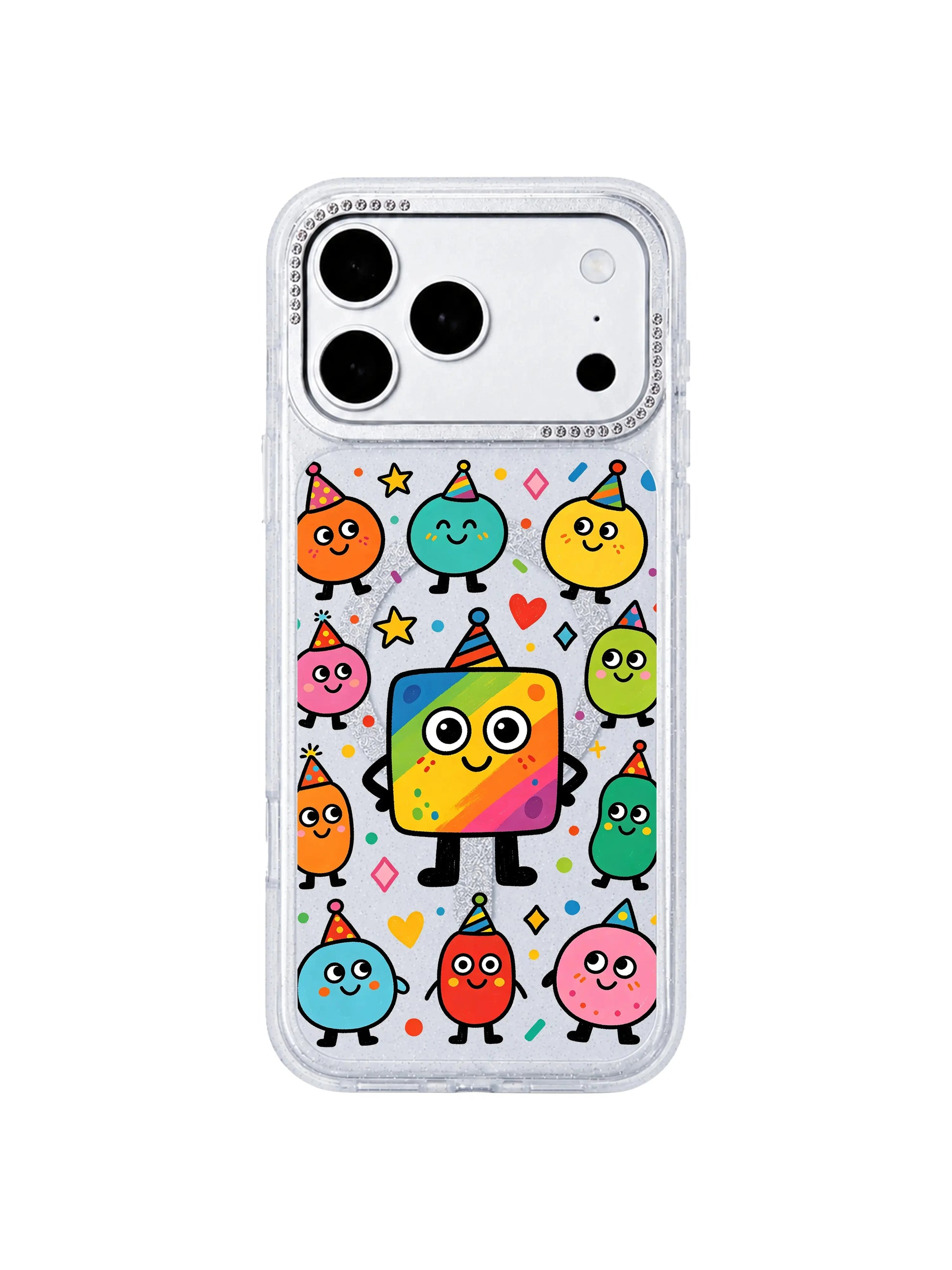 PhoneCasing partial back close-up showing built-in MagSafe wireless charging ring inside Rainbow Square Monster Self Love iPhone 17 Pro Max case, seamless magnetic charging compatible feature graphic for iPhone 17 Pro Max casing