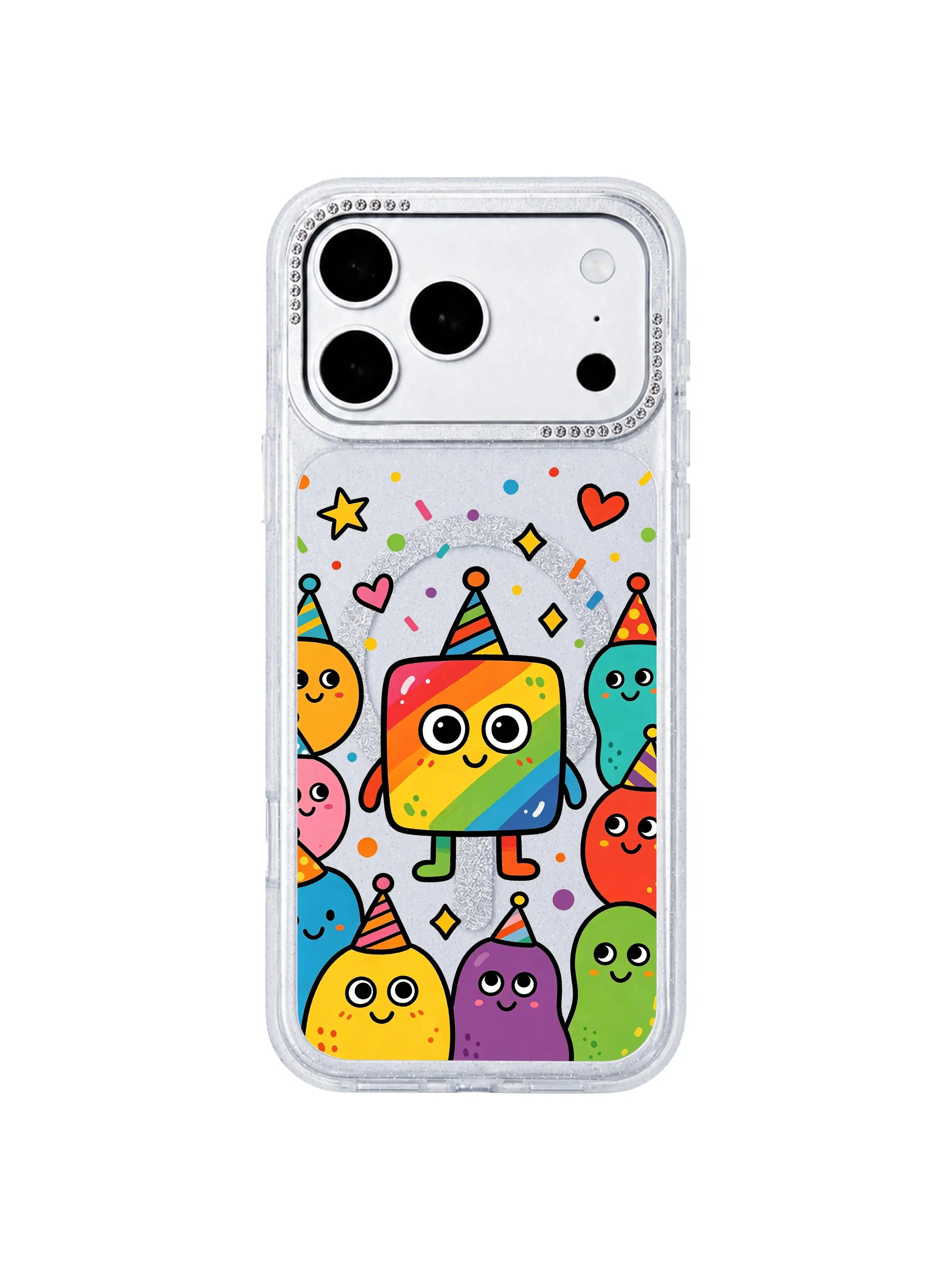 PhoneCasing hourglass phone case three-view diagram for Rainbow Square Monster Self Love iPhone 17 Pro Max case, front artwork panel and slim glitter side frame, informative graphic for iPhone 17 Pro Max casing product description section