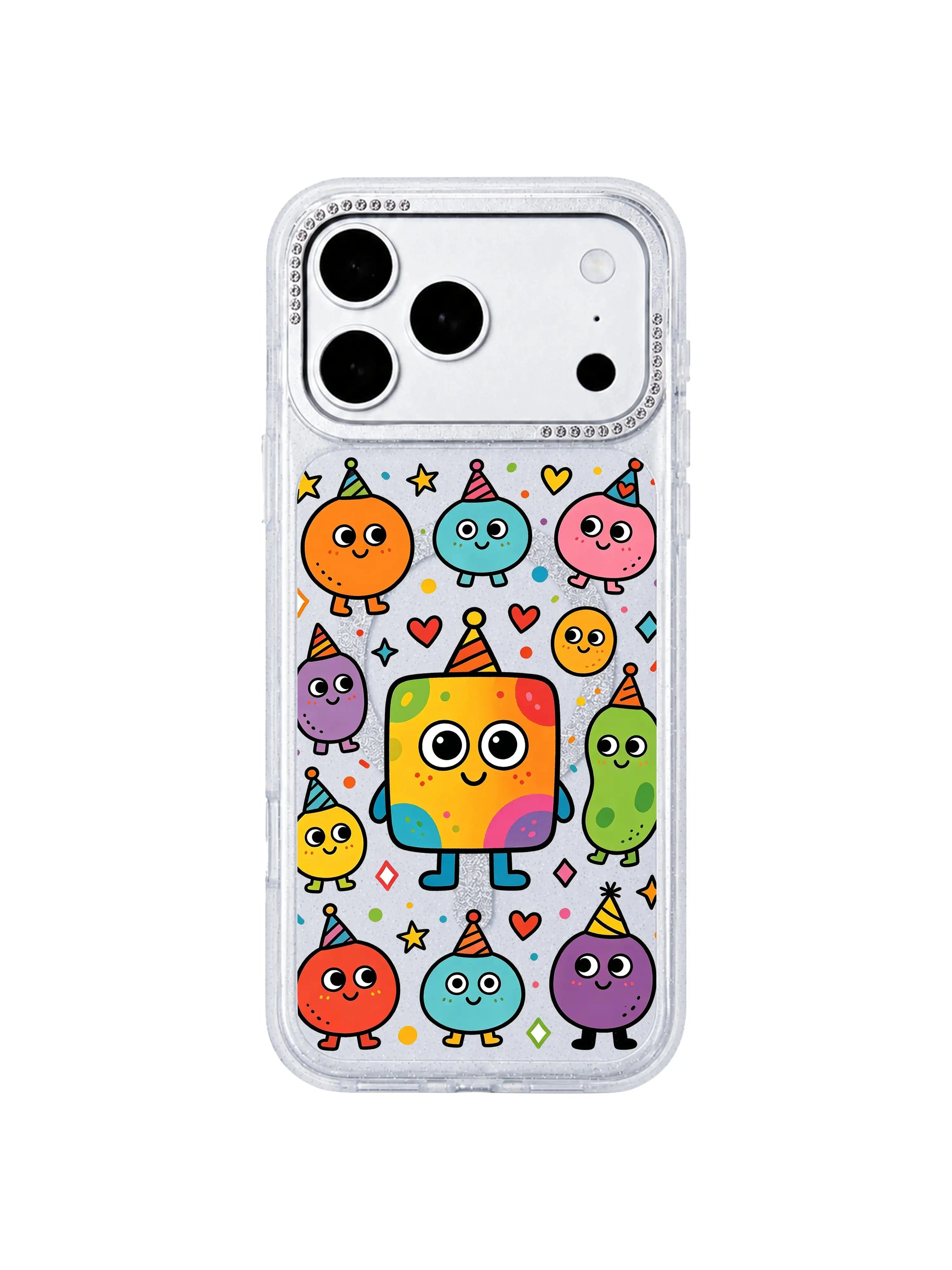 PhoneCasing indoor handheld lifestyle photo featuring Rainbow Square Monster Self Love iPhone 17 Pro Max case, playful kidcore rainbow square monster & multicolor blob print on shimmer clear glitter casing, casual daily carry visual to boost organic search traffic for iPhone 17 Pro Max case