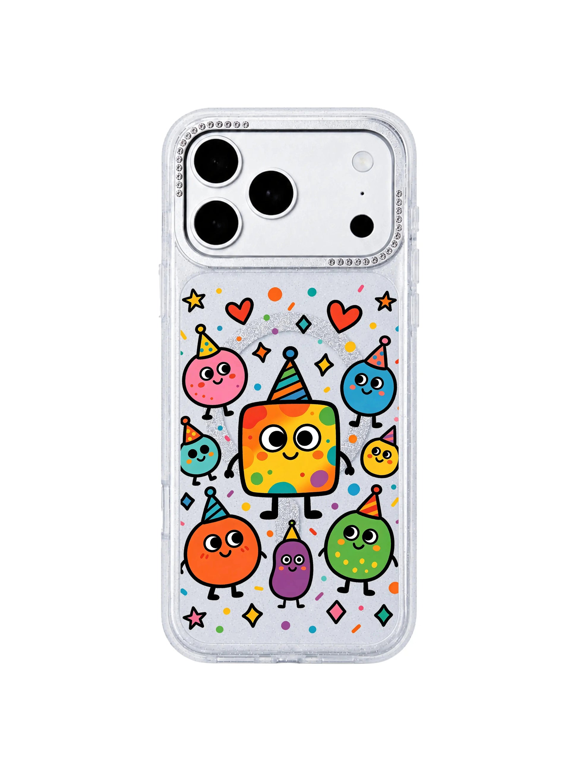 PhoneCasing minimalist isolated white background product mockup of Rainbow Square Monster Self Love iPhone 17 Pro Max case, transparent glitter casing for clean social media & email marketing ads iPhone 17 Pro Max casing