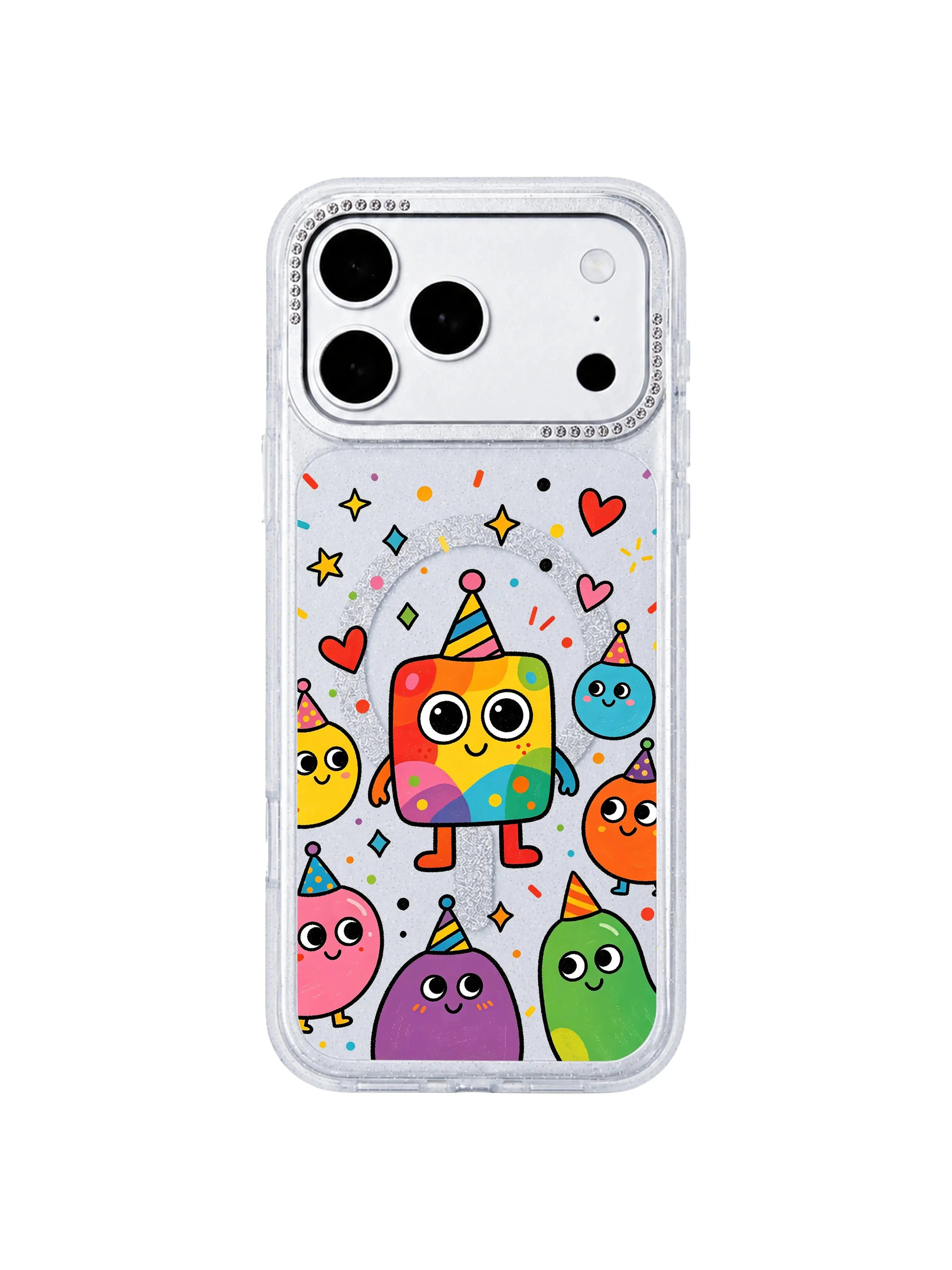 PhoneCasing neutral linen gift flat lay of Rainbow Square Monster Self Love iPhone 17 Pro Max case, cheerful self-acceptance doodle design ideal as soft birthday gift for teen and young women iPhone 17 Pro Max casing