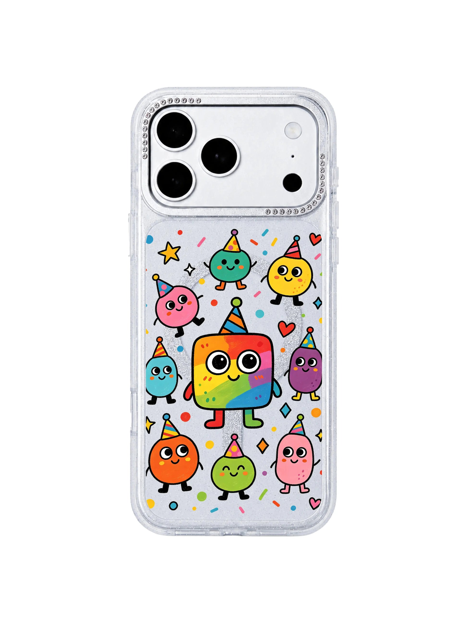 PhoneCasing exclusive Milo Popkins Rainbow Square Monster Self Love iPhone 17 Pro Max case, primary flat product mockup of glitter hourglass protective iPhone 17 Pro Max casing decorated with cute rainbow square blob monster doodles, party hats, heart, star and square confetti for homepage product listing