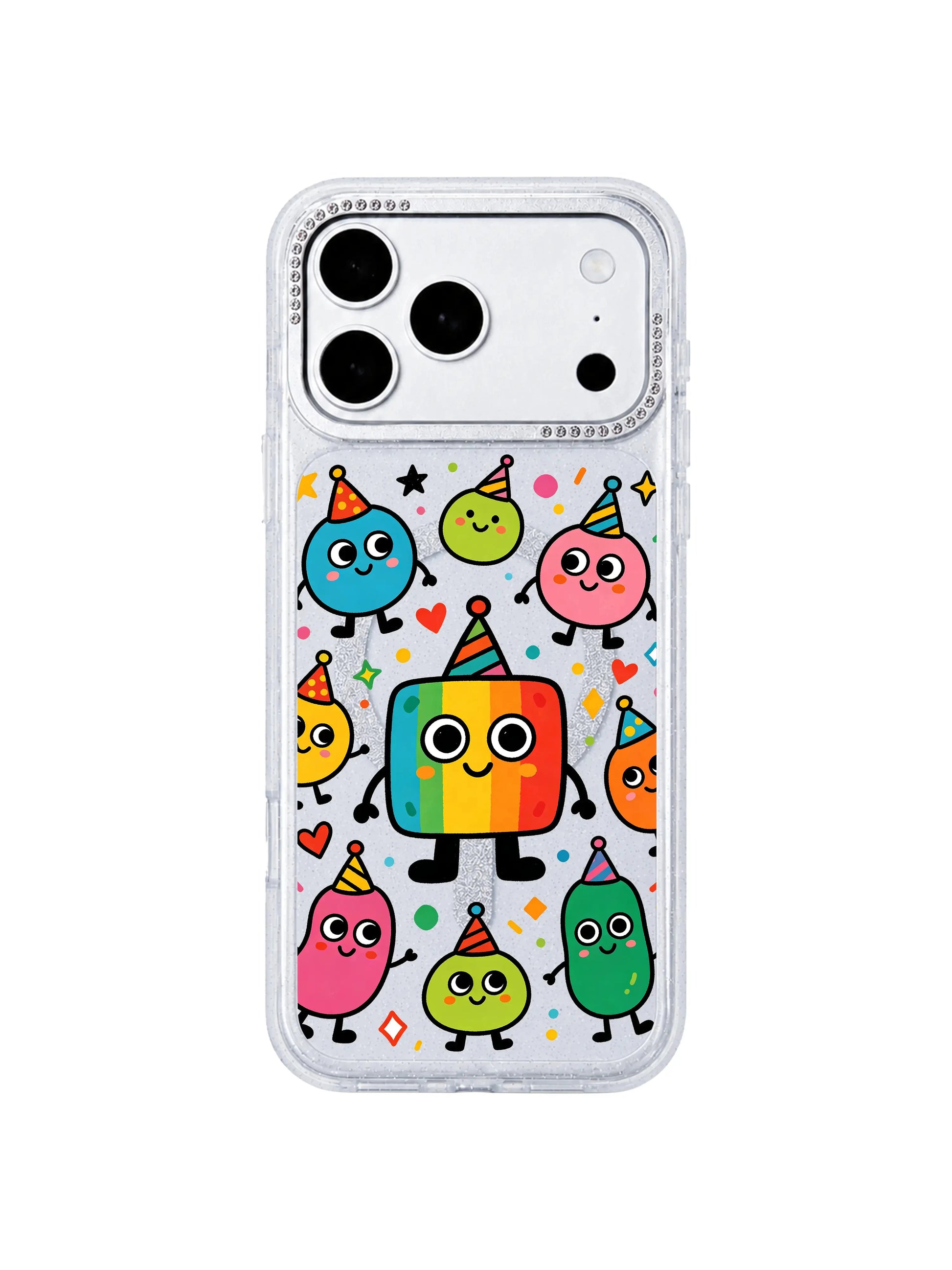 PhoneCasing outdoor street lifestyle photograph of female model holding Rainbow Square Monster Self Love iPhone 17 Pro Max case, bright joyful self-esteem monster doodle art, aesthetic lifestyle asset improving Google image ranking for iPhone 17 Pro Max case