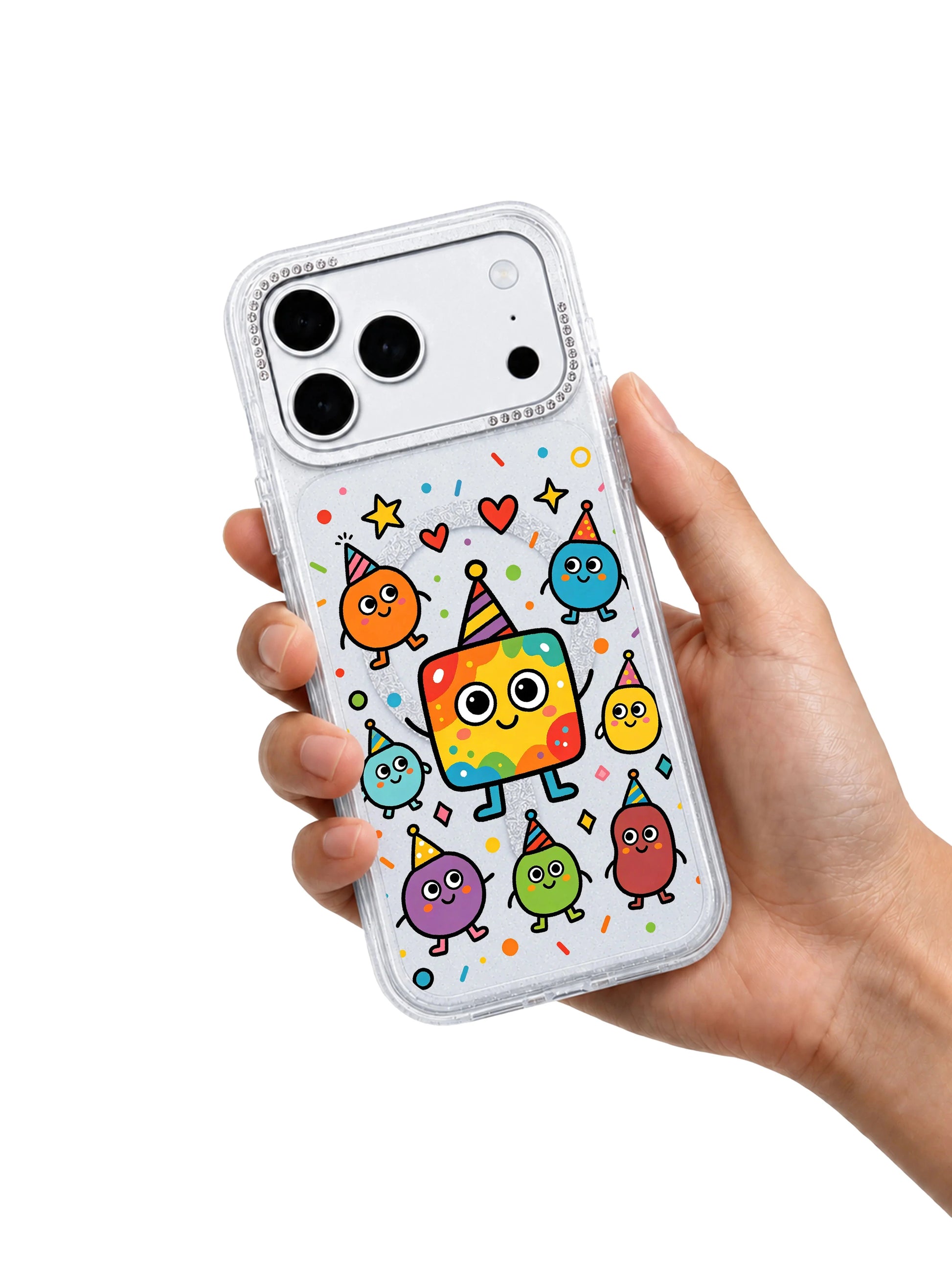 PhoneCasing character macro shot of party hat rainbow striped square monster and cute colorful blob friends celebrating self-confidence on Rainbow Square Monster Self Love iPhone 17 Pro Max case, Milo Popkins signature bright naive doodle art on glitter clear iPhone 17 Pro Max casing
