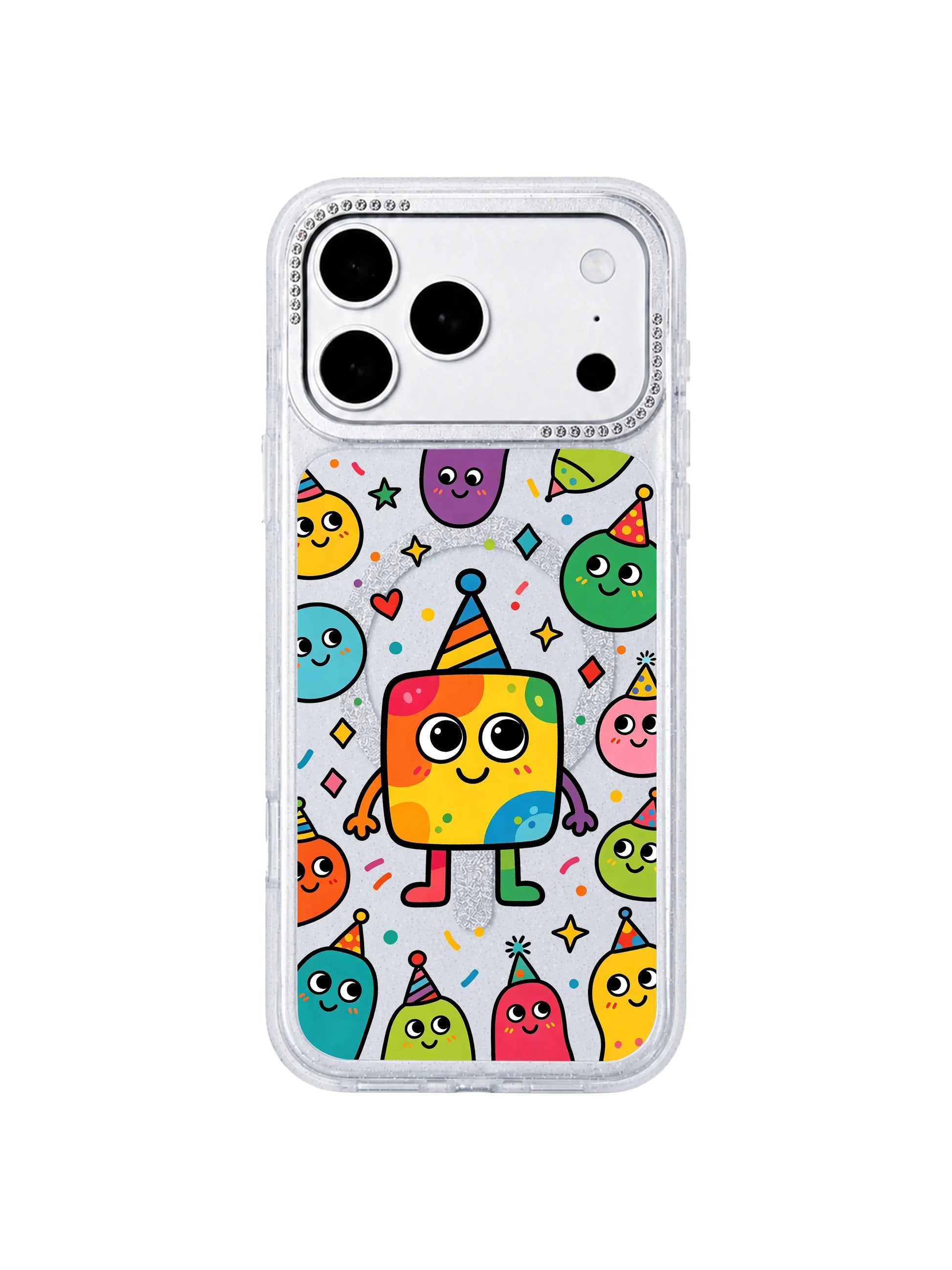 PhoneCasing macro art close-up of original Milo Popkins Rainbow Square Monster Self Love print on iPhone 17 Pro Max case, intricate details of rainbow striped square monster, tiny colorful blob creatures, party hats, hearts, star confetti, fade-resistant UV ink texture shot for iPhone 17 Pro Max casing