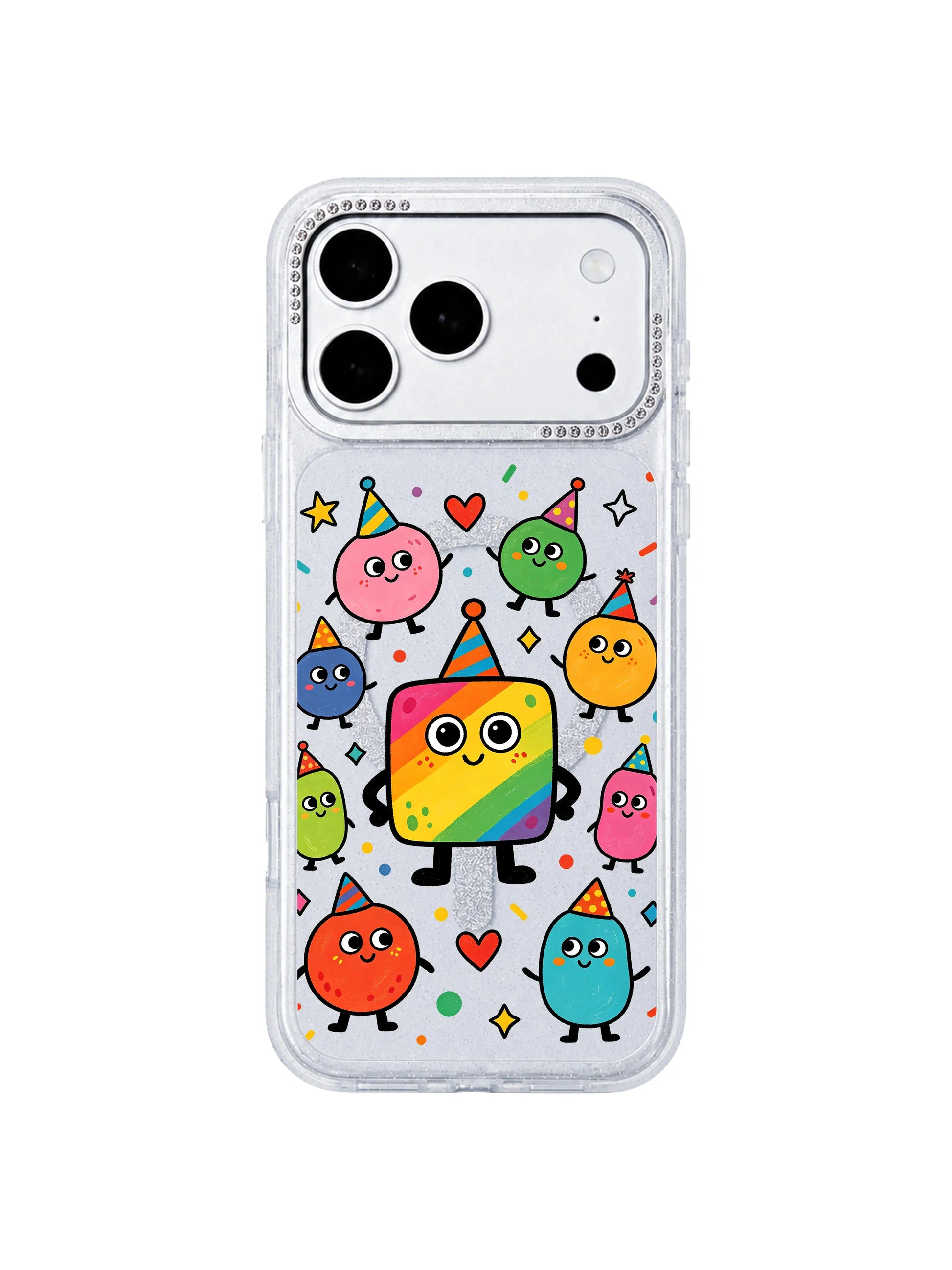 PhoneCasing anti-drop silicone reinforced corner demo shot for Rainbow Square Monster Self Love iPhone 17 Pro Max case, crack resistance display showing durable daily wear protection for iPhone 17 Pro Max protective casing