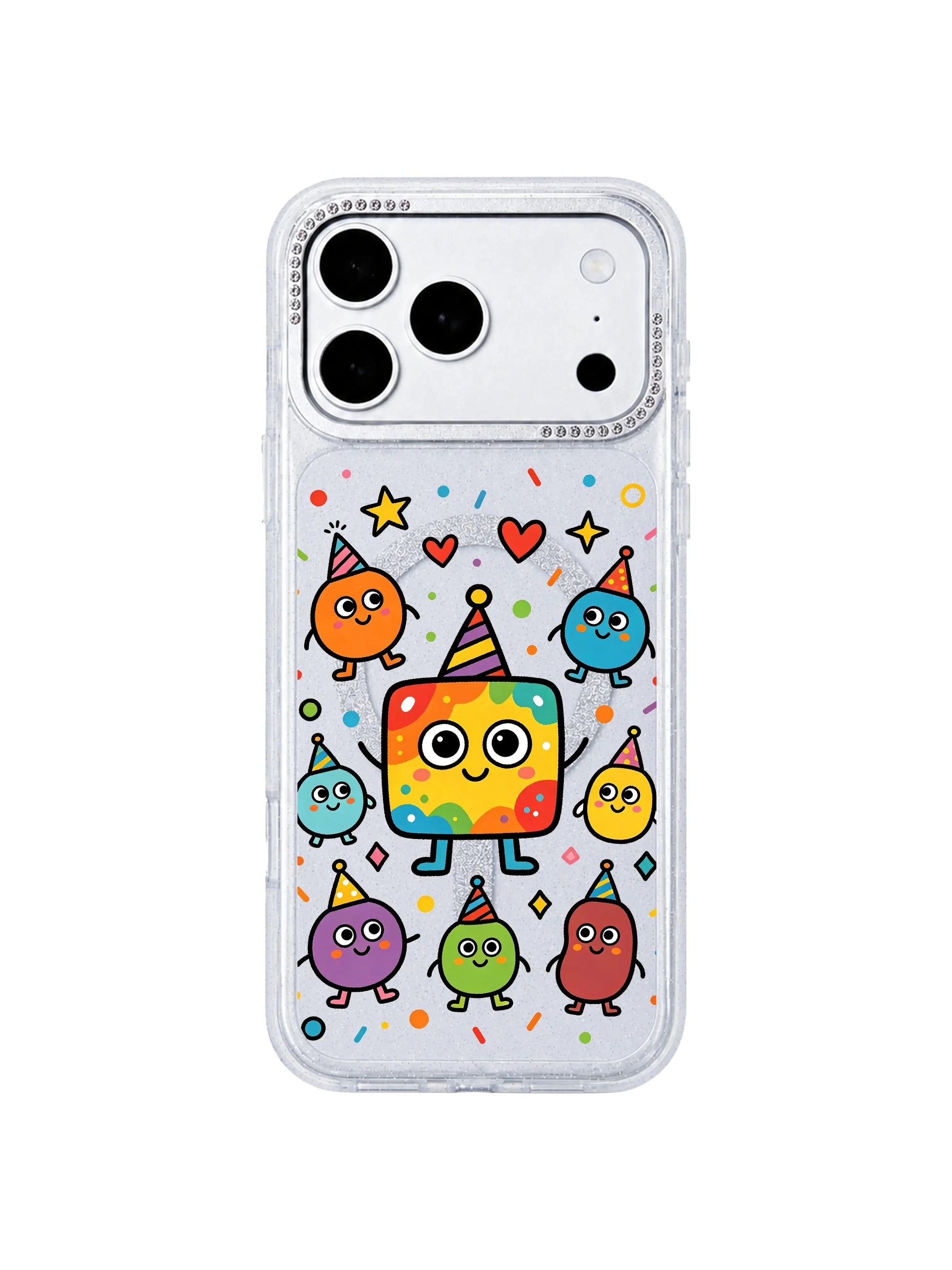 PhoneCasing split dual device mockup featuring Rainbow Square Monster Self Love iPhone 17 Pro Max case, transparent glitter silicone protective casing matched with blank iPhone 17 Pro Max front screen, full whimsical self-acceptance creature print coverage, limited original artist collab iPhone 17 Pro Max casing
