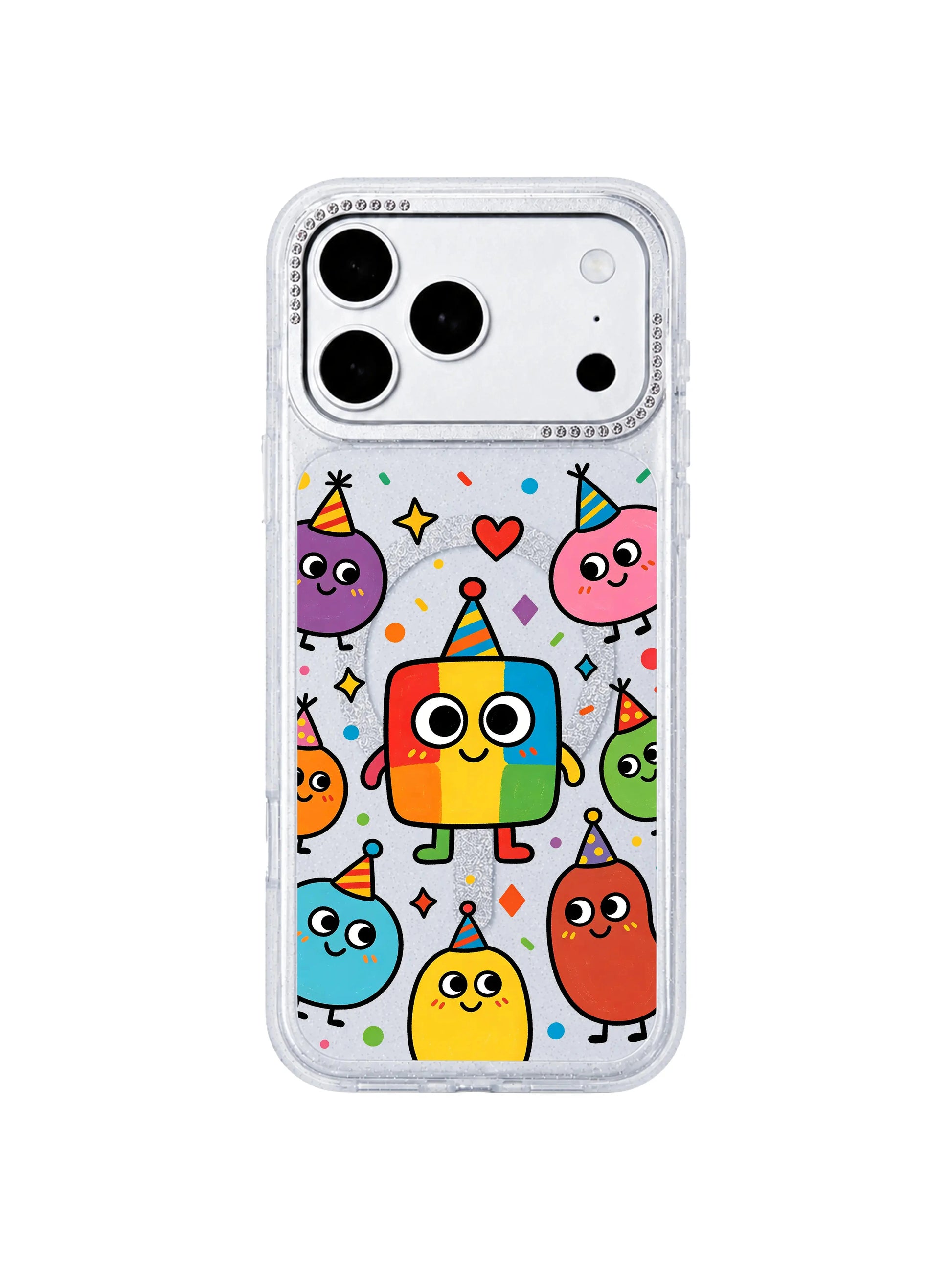 PhoneCasing soft warm indoor atmosphere lifestyle image featuring Rainbow Square Monster Self Love iPhone 17 Pro Max case, cozy daily carry scene with vibrant self-love creature print on glitter clear iPhone 17 Pro Max casing