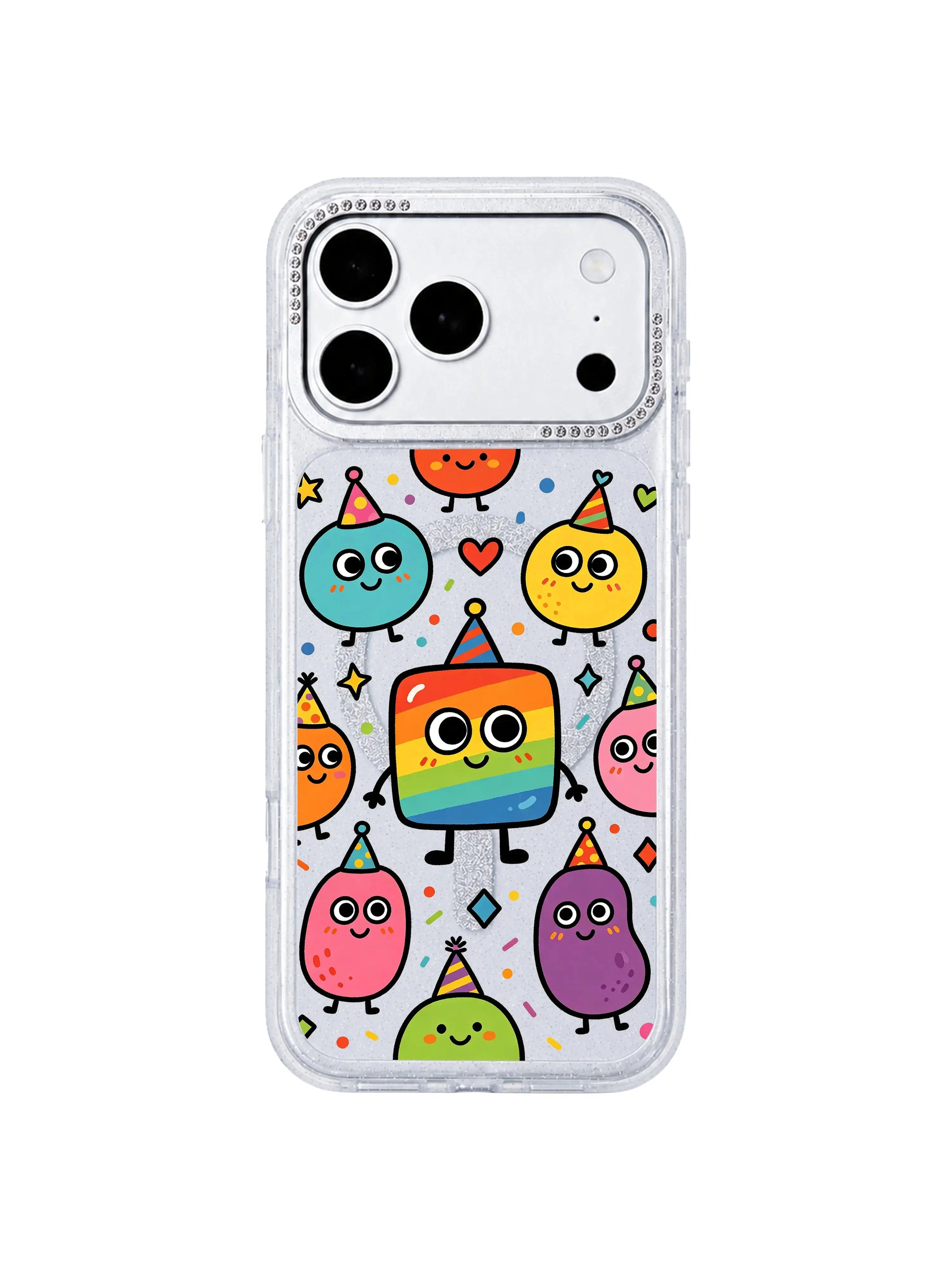  PhoneCasing wide horizontal homepage category banner with full Rainbow Square Monster Self Love grid print on iPhone 17 Pro Max case, complete layout of colorful rainbow square and blob monster characters, collection hero banner for iPhone 17 Pro Max case category page