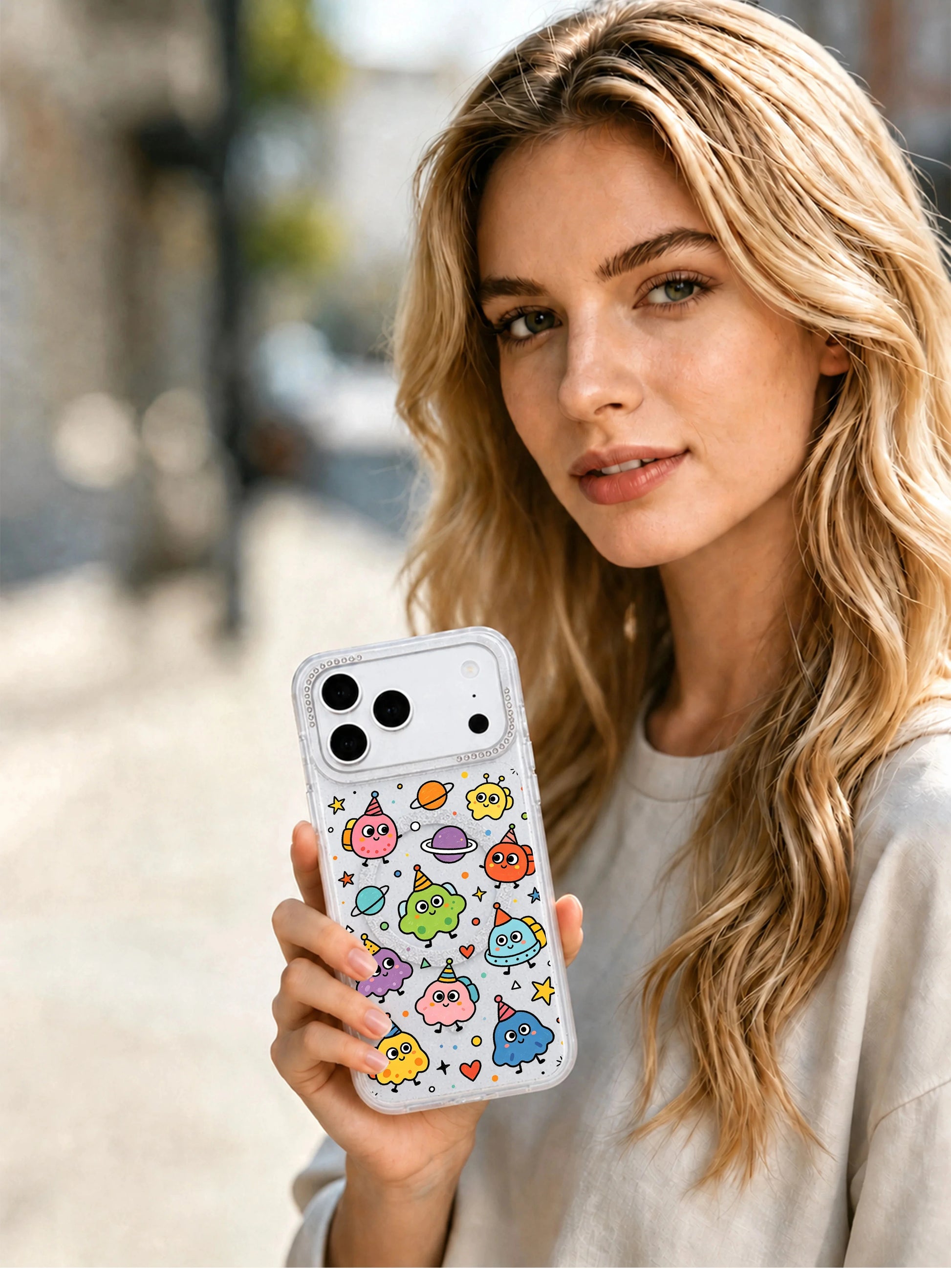  PhoneCasing zoomed detail banner of bling crystal rhinestone camera trim on Round Eyes Planet Tour iPhone 17 Pro Max case, raised scratch-proof lens guard selling point graphic for luxury iPhone 17 Pro Max casing