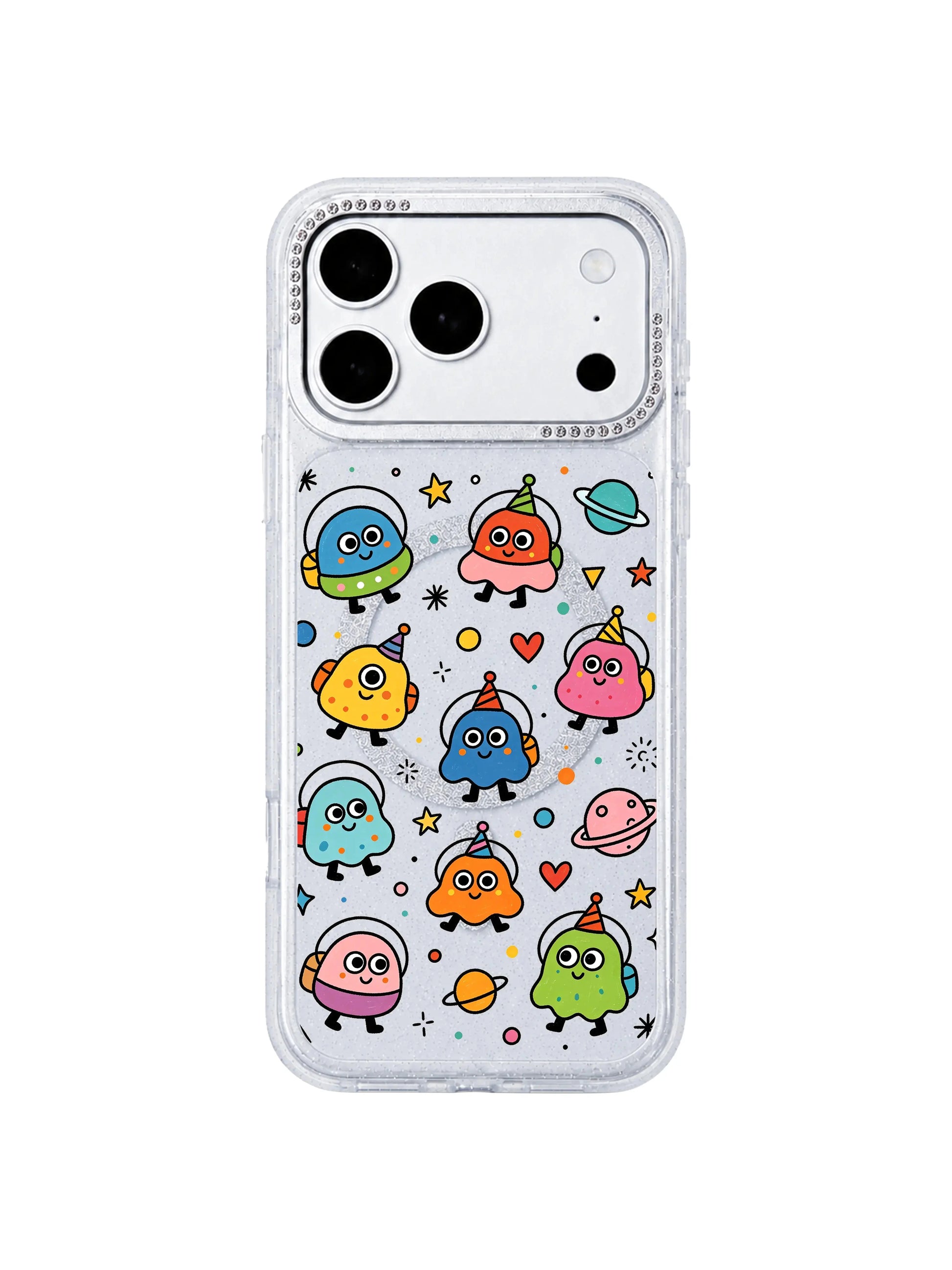 PhoneCasing dual-angle overview graphic of Round Eyes Planet Tour iPhone 17 Pro Max case, front artwork panel plus side rhinestone lens frame combined visual for product carousel slide iPhone 17 Pro Max casing listing
