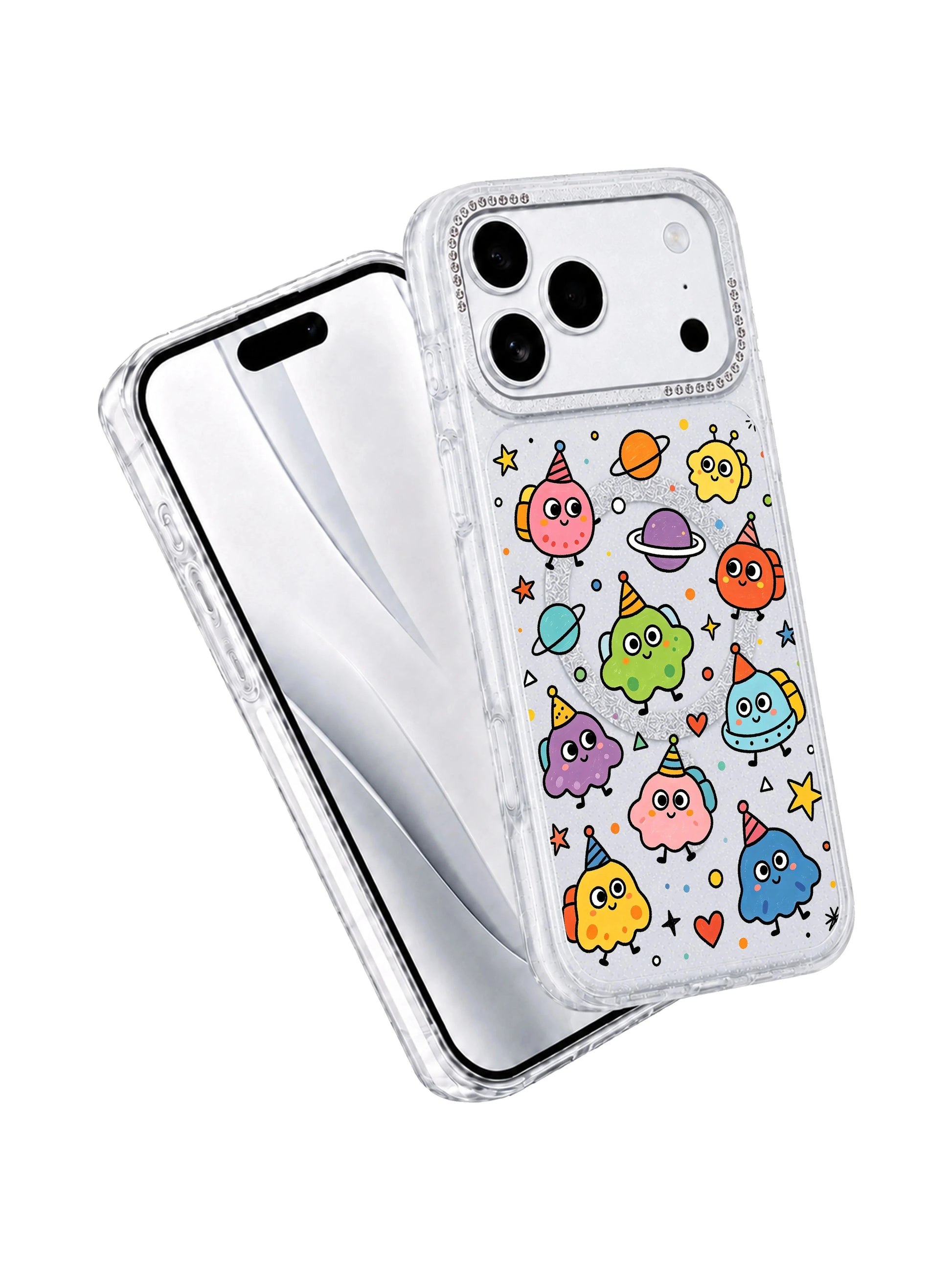 PhoneCasing split dual device mockup showcasing Round Eyes Planet Tour iPhone 17 Pro Max case, clear glitter silicone protective casing paired with bare iPhone 17 Pro Max front screen to display full space print coverage, premium artist collab iPhone 17 Pro Max casing