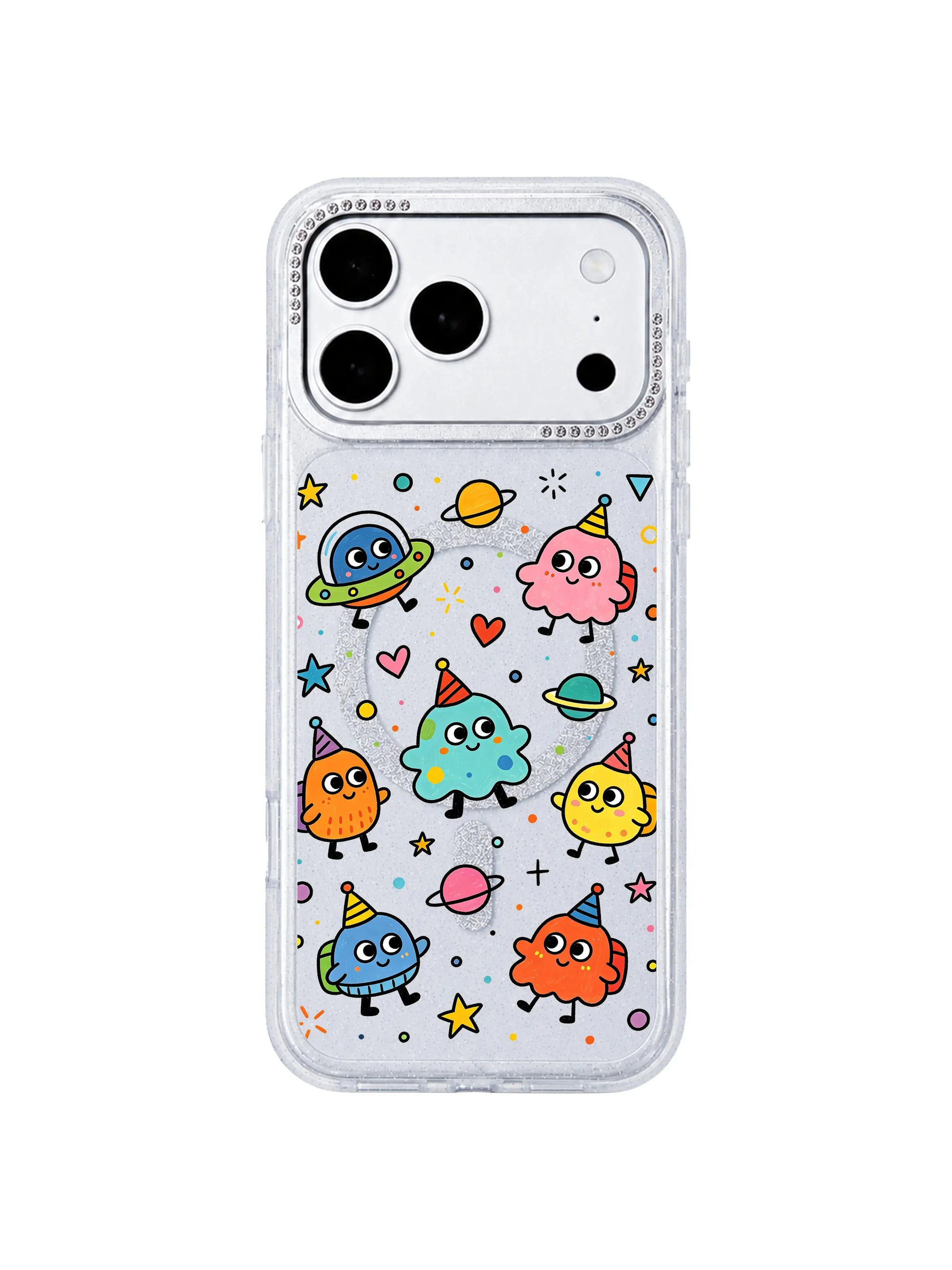  PhoneCasing full color display shot of Round Eyes Planet Tour iPhone 17 Pro Max case, saturated multicolor curious space alien doodles printed with long-wearing scratch-proof UV ink, full hue showcase iPhone 17 Pro Max casing
