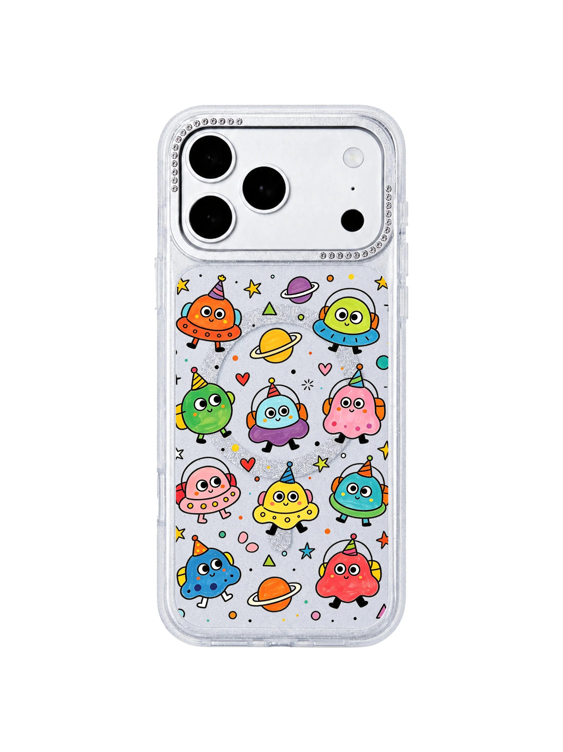 PhoneCasing macro art closeup of original Milo Popkins Round Eyes Planet Tour print on iPhone 17 Pro Max case, detailed round-eye alien travelers, colorful planets stars heart confetti, fade-resistant UV archival print iPhone 17 Pro Max casing texture shot