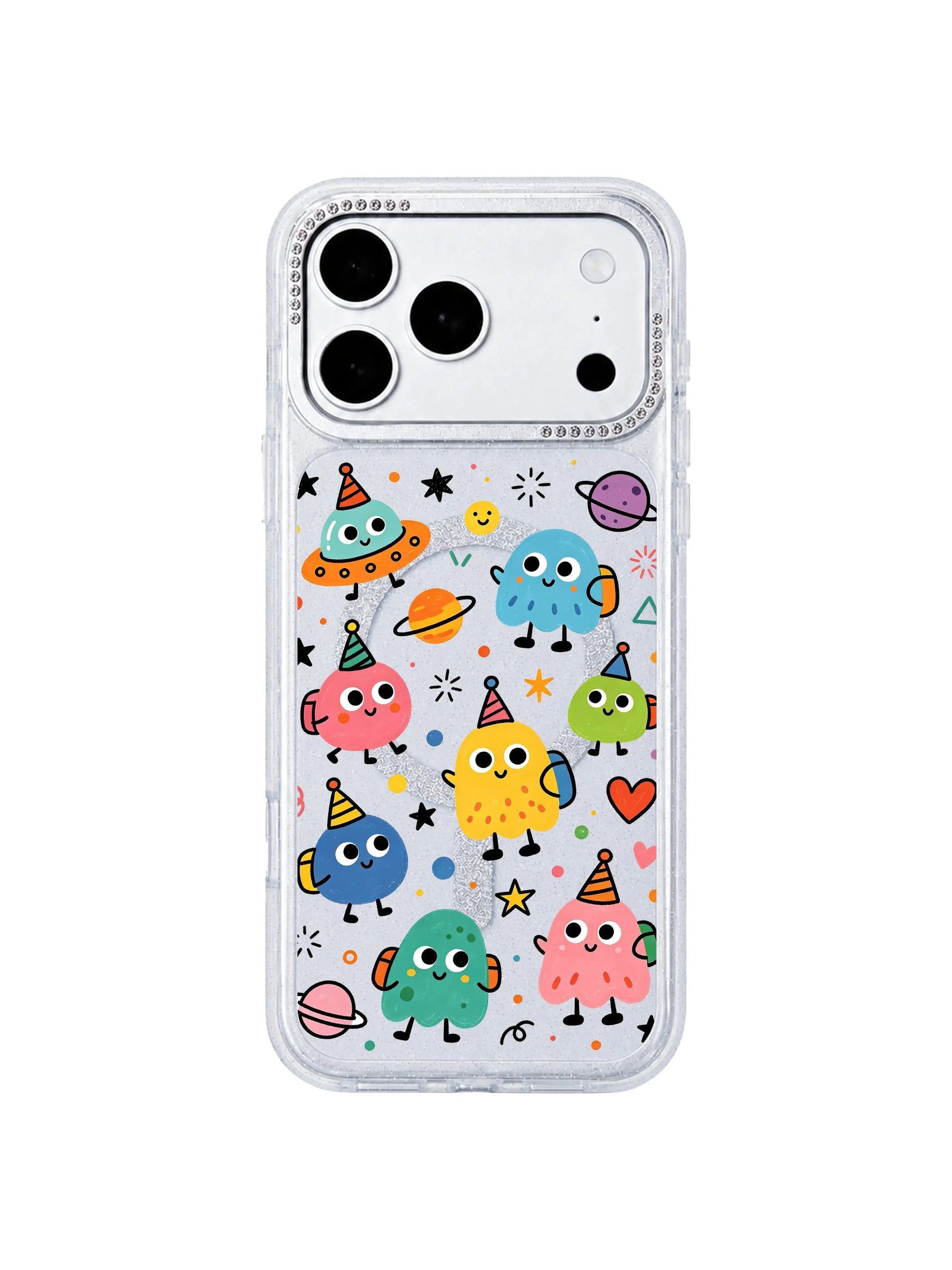 PhoneCasing group preview display shot of full Round Eyes Planet Tour pattern lineup on iPhone 17 Pro Max case, complete set of unique traveling alien creature designs, collection overview graphic for iPhone 17 Pro Max casing category page
