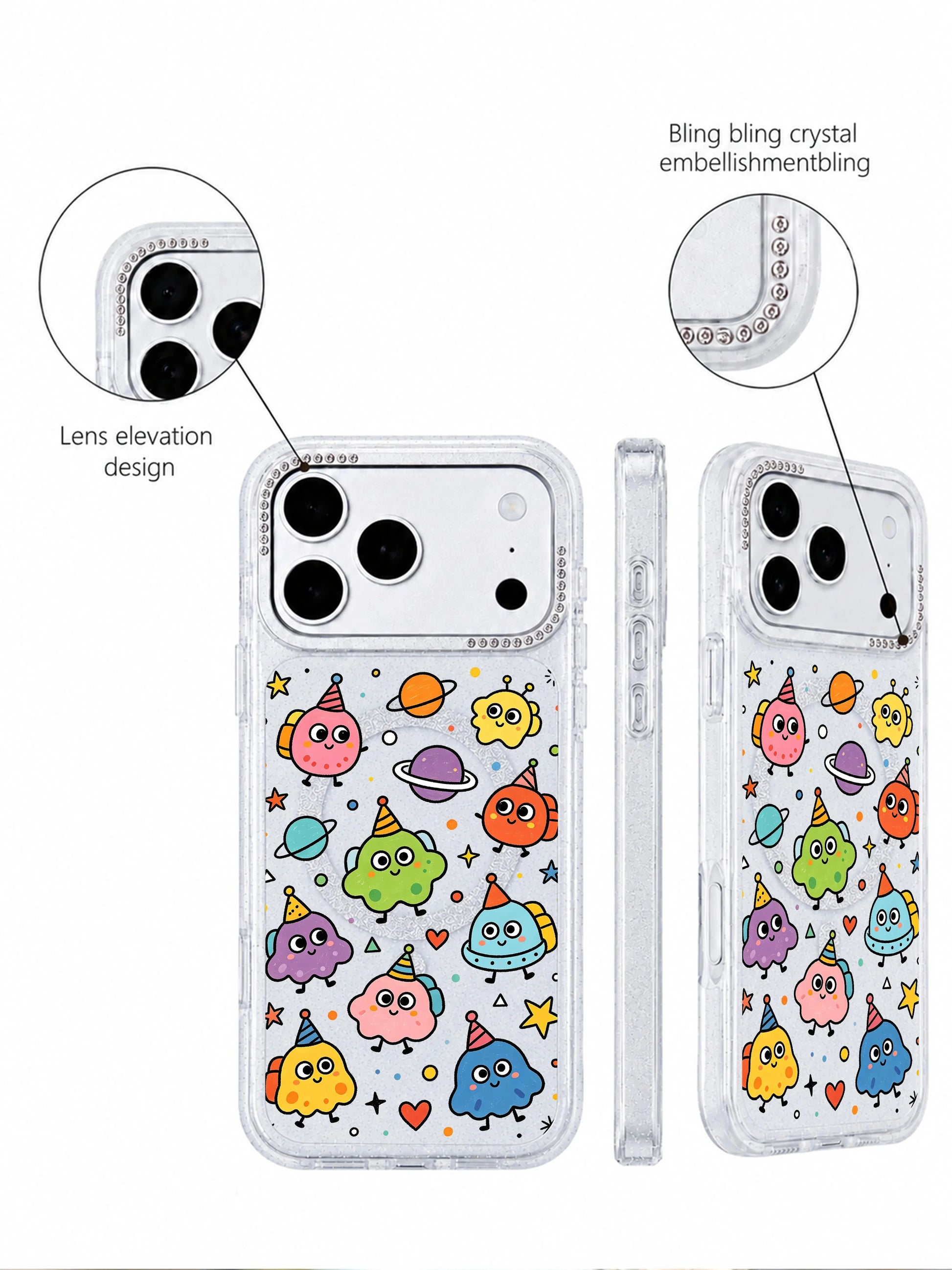 PhoneCasing indoor handheld lifestyle photo featuring Round Eyes Planet Tour iPhone 17 Pro Max case, vibrant kidcore space alien travel print on shimmer clear glitter casing, casual everyday carry asset for iPhone 17 Pro Max case social traffic