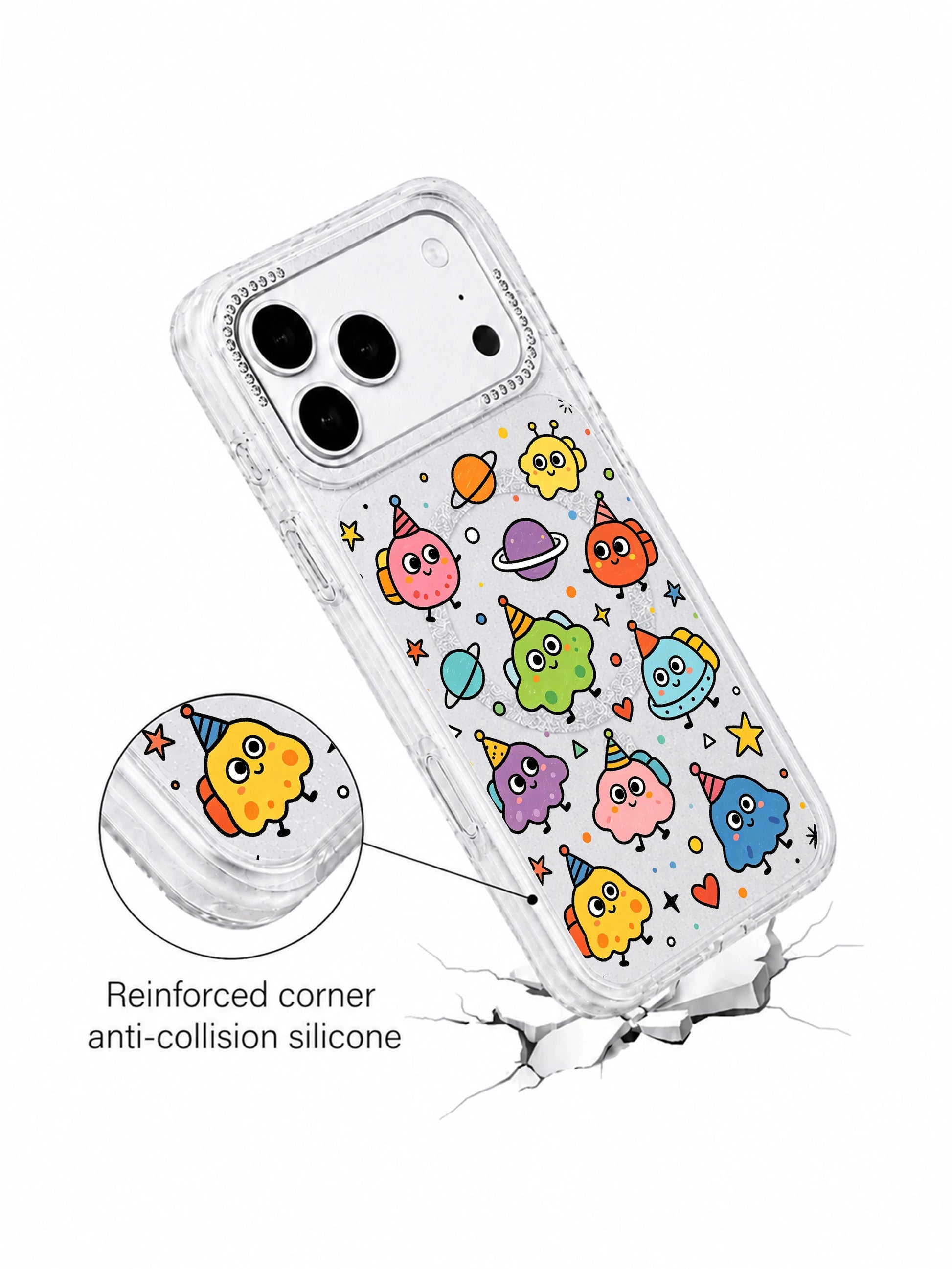 PhoneCasing hourglass phone case three-view diagram for Round Eyes Planet Tour iPhone 17 Pro Max case, front artwork and slim side profile showcasing thin glitter frame, informational graphic for iPhone 17 Pro Max casing product description section