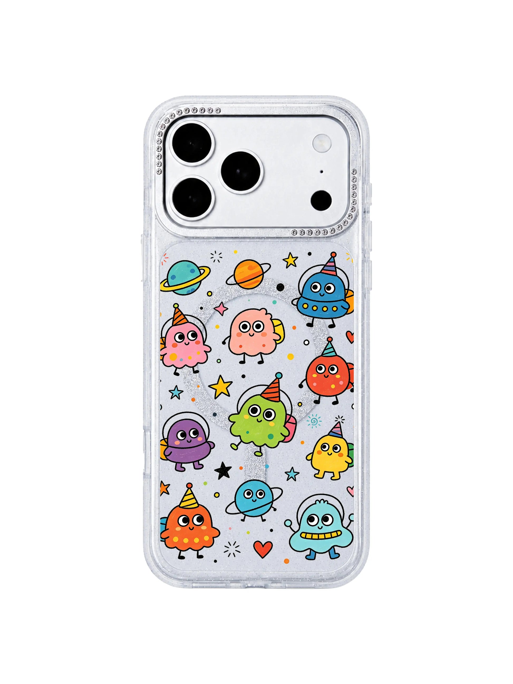 PhoneCasing minimalist isolated product mockup of Round Eyes Planet Tour iPhone 17 Pro Max case, transparent glitter casing on blank white background, clean ad asset for paid social and email marketing iPhone 17 Pro Max casing
