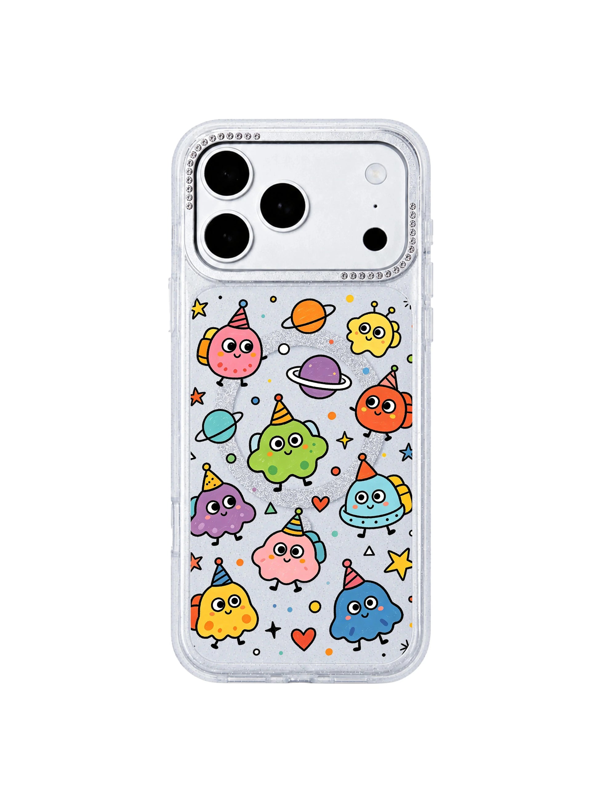 PhoneCasing exclusive Milo Popkins Round Eyes Planet Tour iPhone 17 Pro Max case, primary flat hero shot of glitter hourglass protective iPhone 17 Pro Max casing printed with cute space alien doodles, party hats planets star heart confetti for product homepage listing
