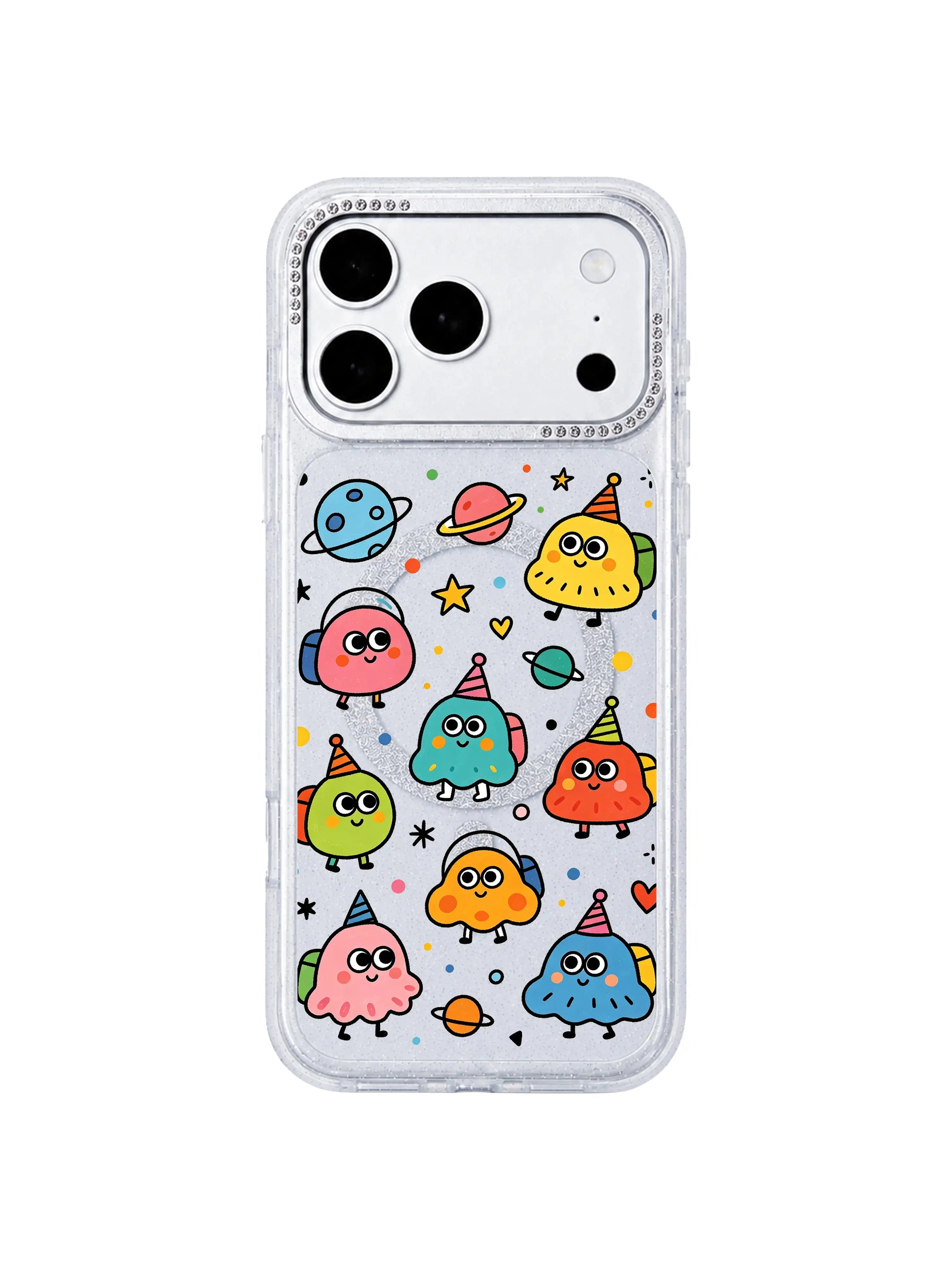 PhoneCasing neutral linen styled gift flat lay of Round Eyes Planet Tour iPhone 17 Pro Max case, whimsical space travel alien doodle print ideal as teen girl birthday gift iPhone 17 Pro Max casing