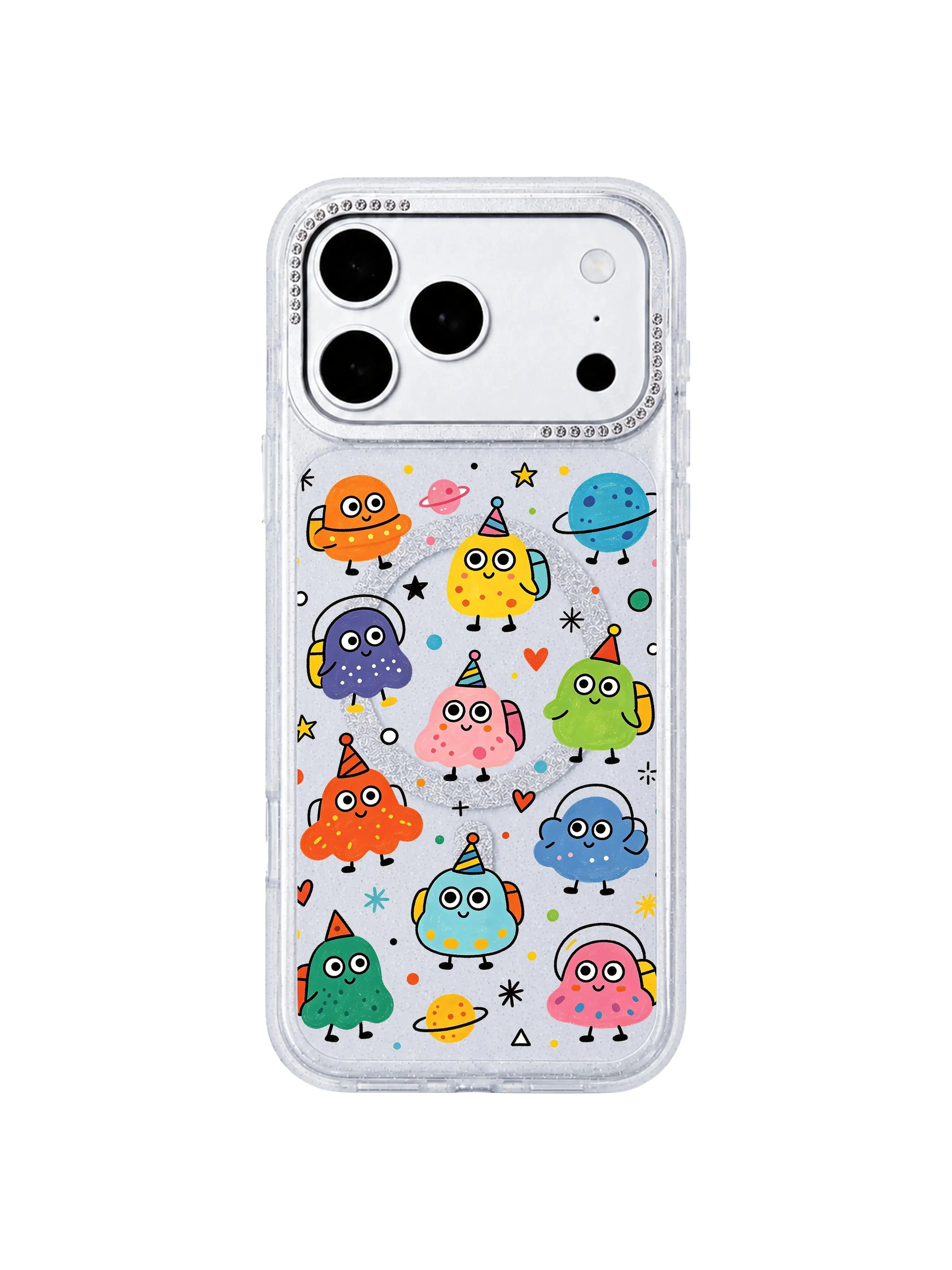 PhoneCasing outdoor street lifestyle photograph of blonde model holding Round Eyes Planet Tour iPhone 17 Pro Max case, uplifting curious space travel doodle art, aesthetic lifestyle visual to boost organic search for iPhone 17 Pro Max case