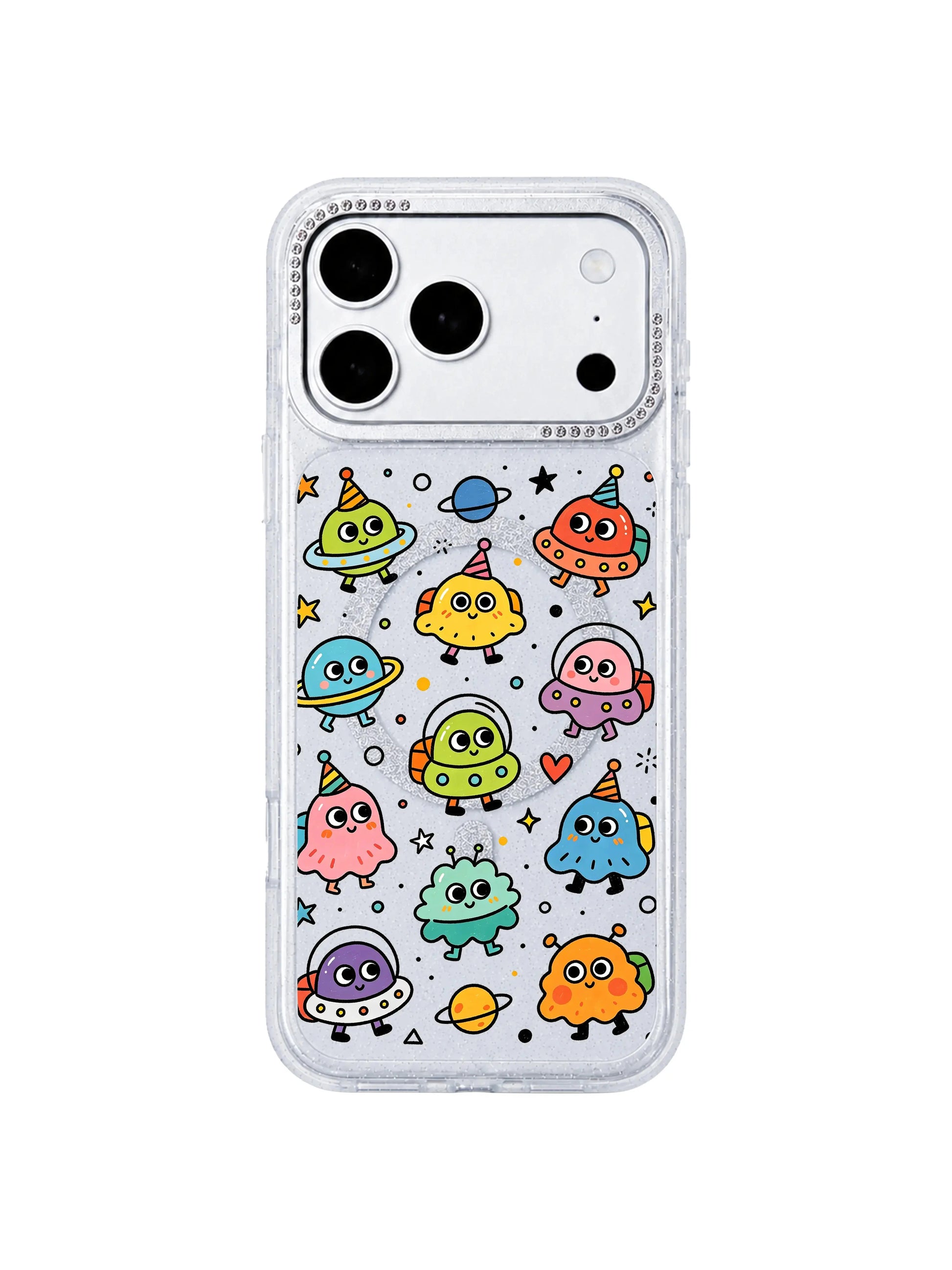 PhoneCasing character macro shot of striped party hat round-eye alien travelers with tiny luggage on Round Eyes Planet Tour iPhone 17 Pro Max case, Milo Popkins signature uplifting naive doodle style on clear glitter iPhone 17 Pro Max casing