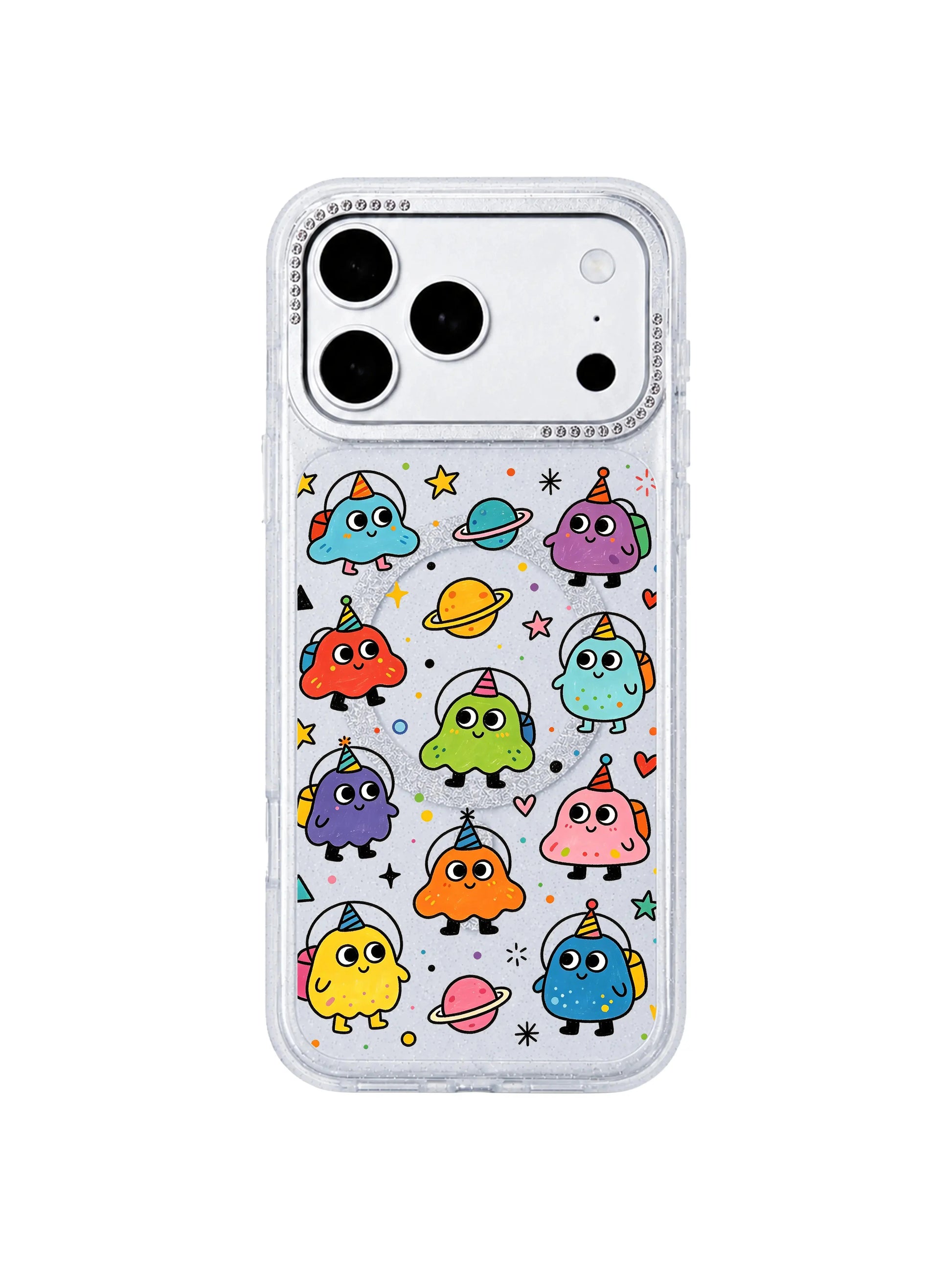 PhoneCasing decorative element closeup of hand-drawn planets, stars, hearts and geometric confetti scattered around traveling alien creatures on Round Eyes Planet Tour iPhone 17 Pro Max case, core theme storytelling graphic for narrative-focused iPhone 17 Pro Max casing copy