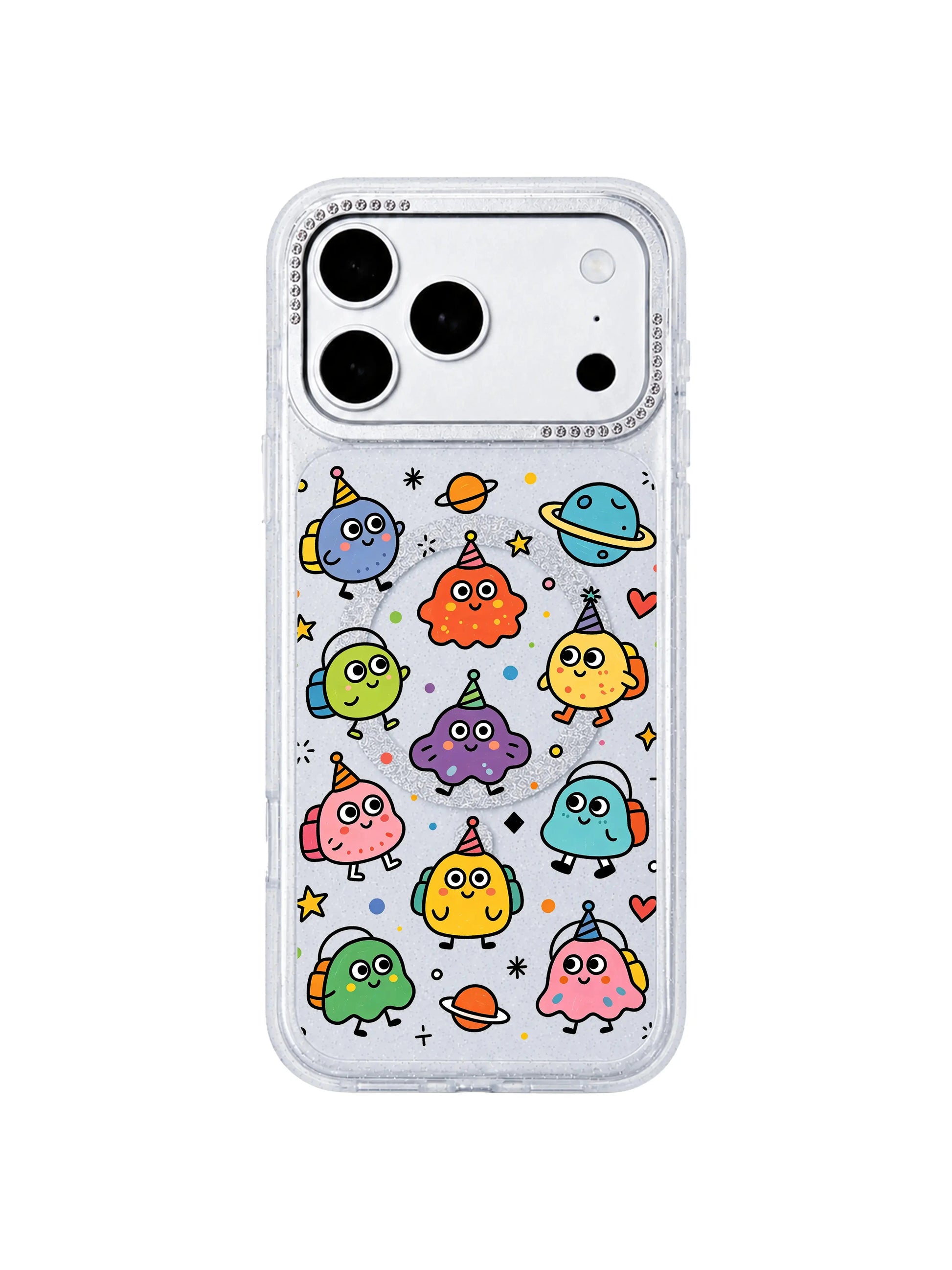 PhoneCasing wide horizontal homepage banner featuring full Round Eyes Planet Tour grid print on iPhone 17 Pro Max case, complete layout of diverse traveling alien characters, collection hero banner for iPhone 17 Pro Max case category page