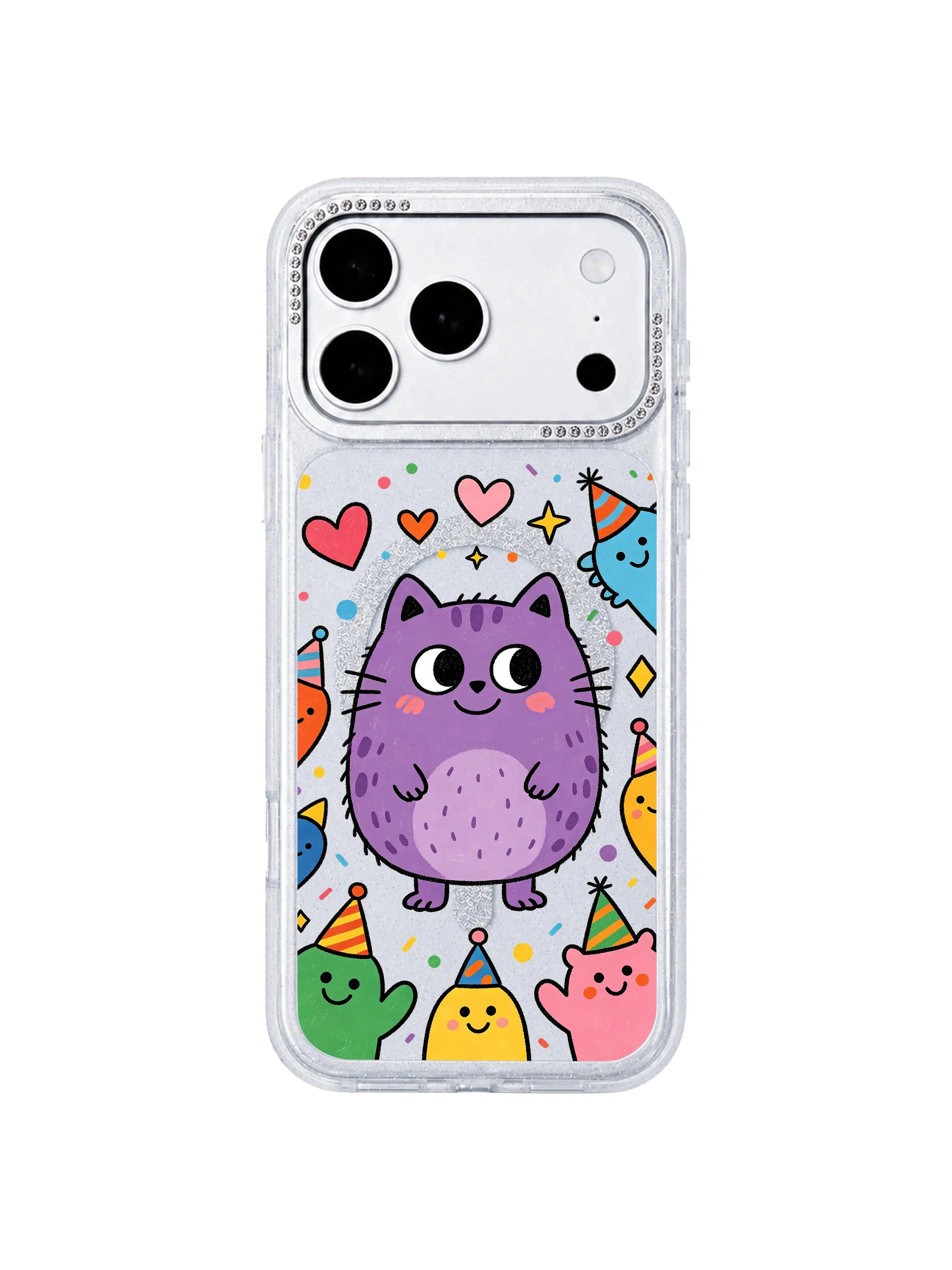 PhoneCasing macro art close-up of Milo Popkins fade-resistant UV self-love cat print on iPhone 17 Pro Max case, capturing fine texture of surrounding star, heart and tiny monster accents on the iPhone 17 Pro Max casing