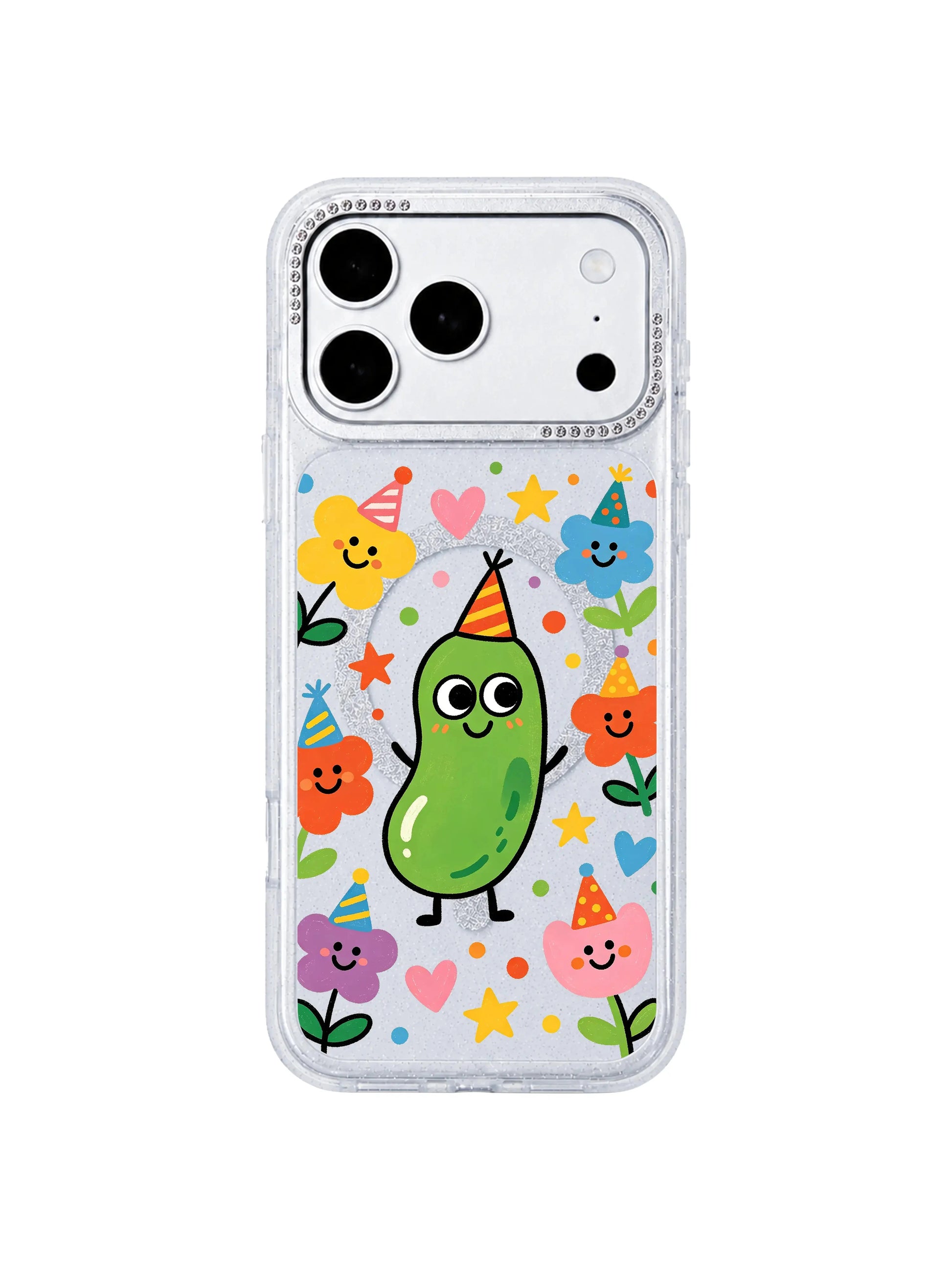 PhoneCasing bright outdoor street lifestyle photograph featuring Spring Pickle Blossom iPhone 17 Pro Max case, upbeat kidcore cartoon print optimized to boost Google image SEO for trendy iPhone 17 Pro Max casing listings