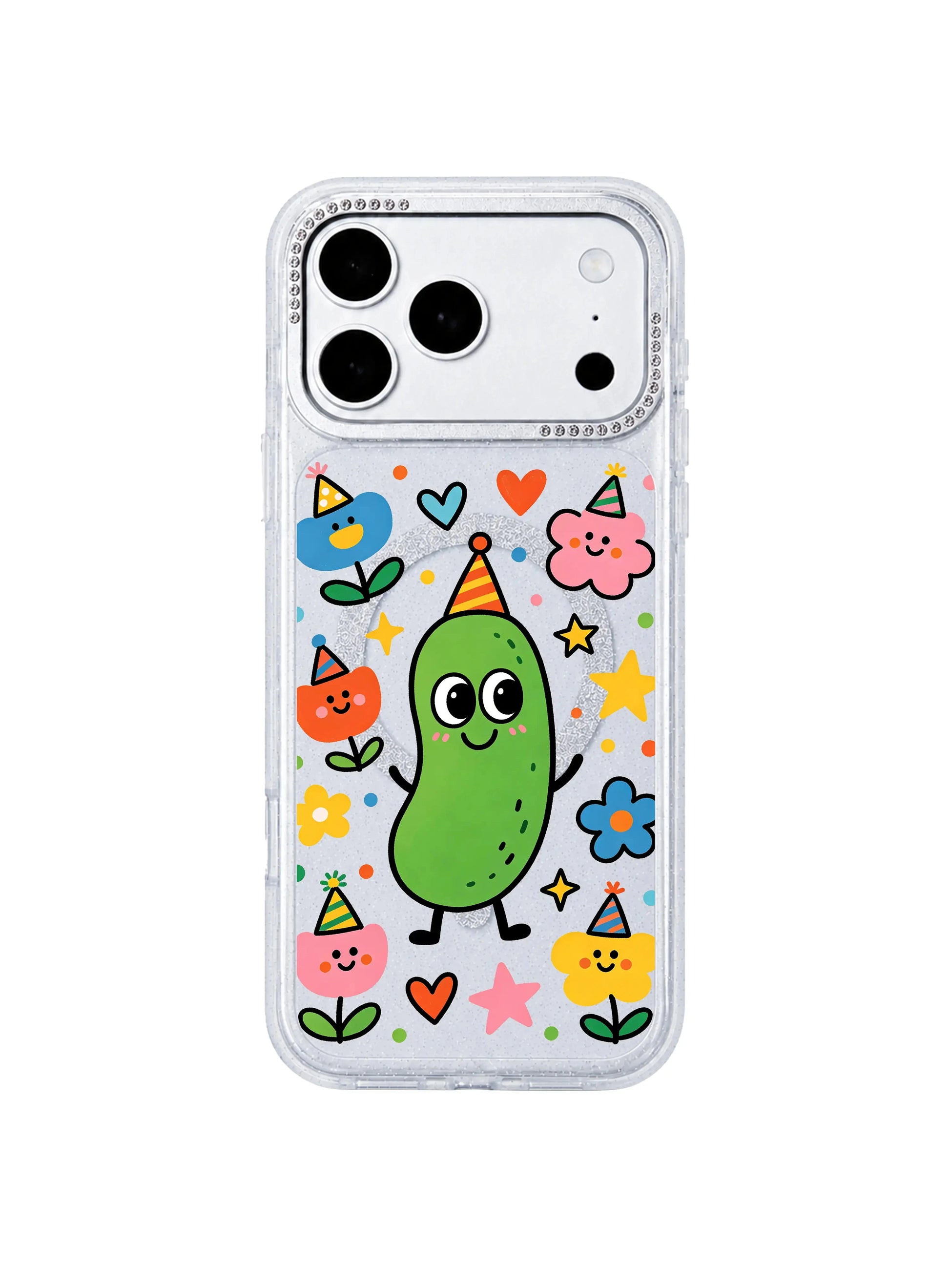 PhoneCasing exclusive Milo Popkins Spring Pickle Botanical Party iPhone 17 Pro Max case, flat white-background mockup of rhinestone-trim glitter shockproof iPhone 17 Pro Max casing with whimsical spring floral pickle artwork for Shopify homepage hero display