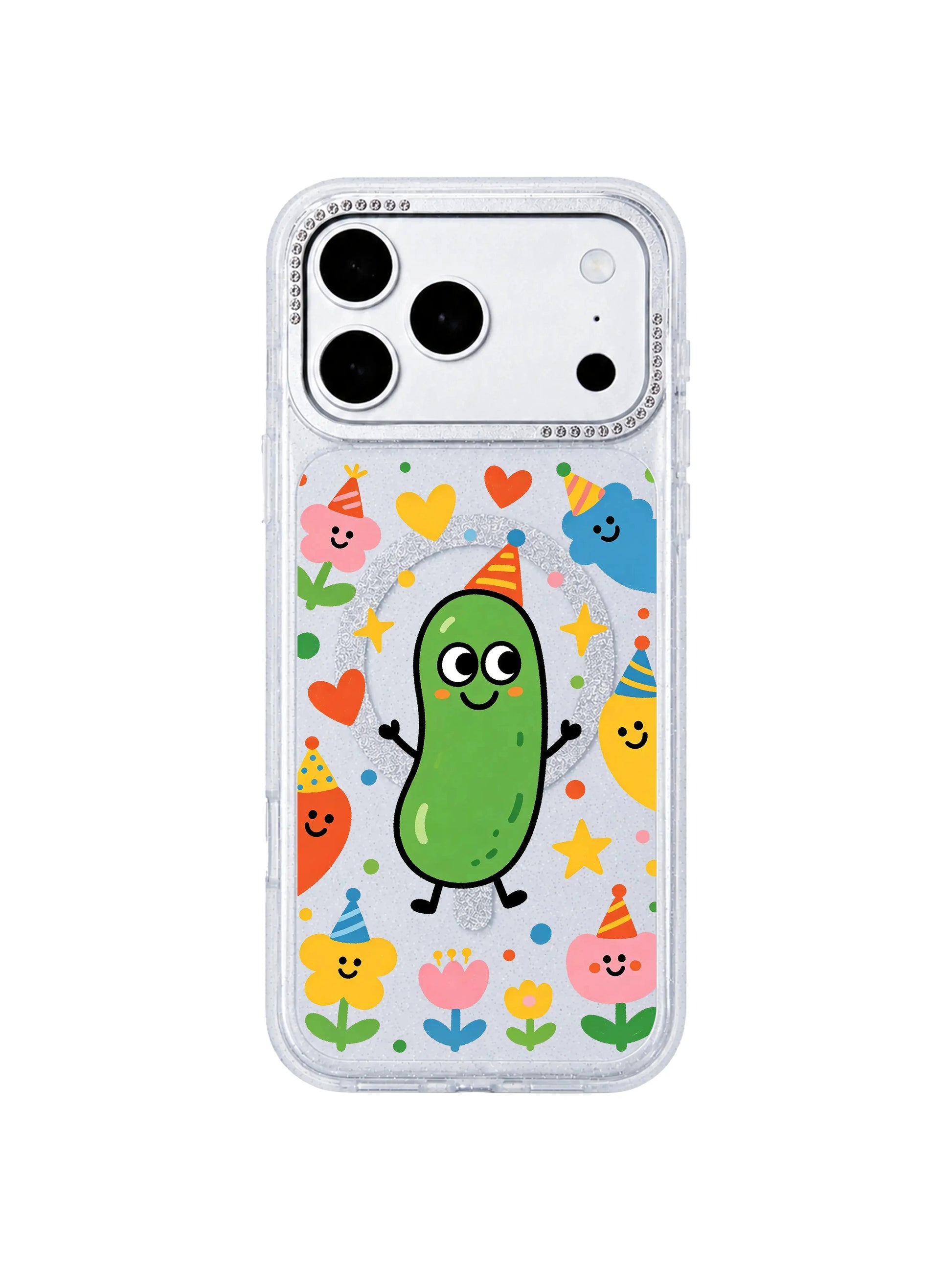 PhoneCasing hourglass structured three-sided technical graphic for Spring Pickle Crew iPhone 17 Pro Max case, displaying front spring print, slim glitter bumper and crystal rhinestone camera trim for iPhone 17 Pro Max casing product detail page