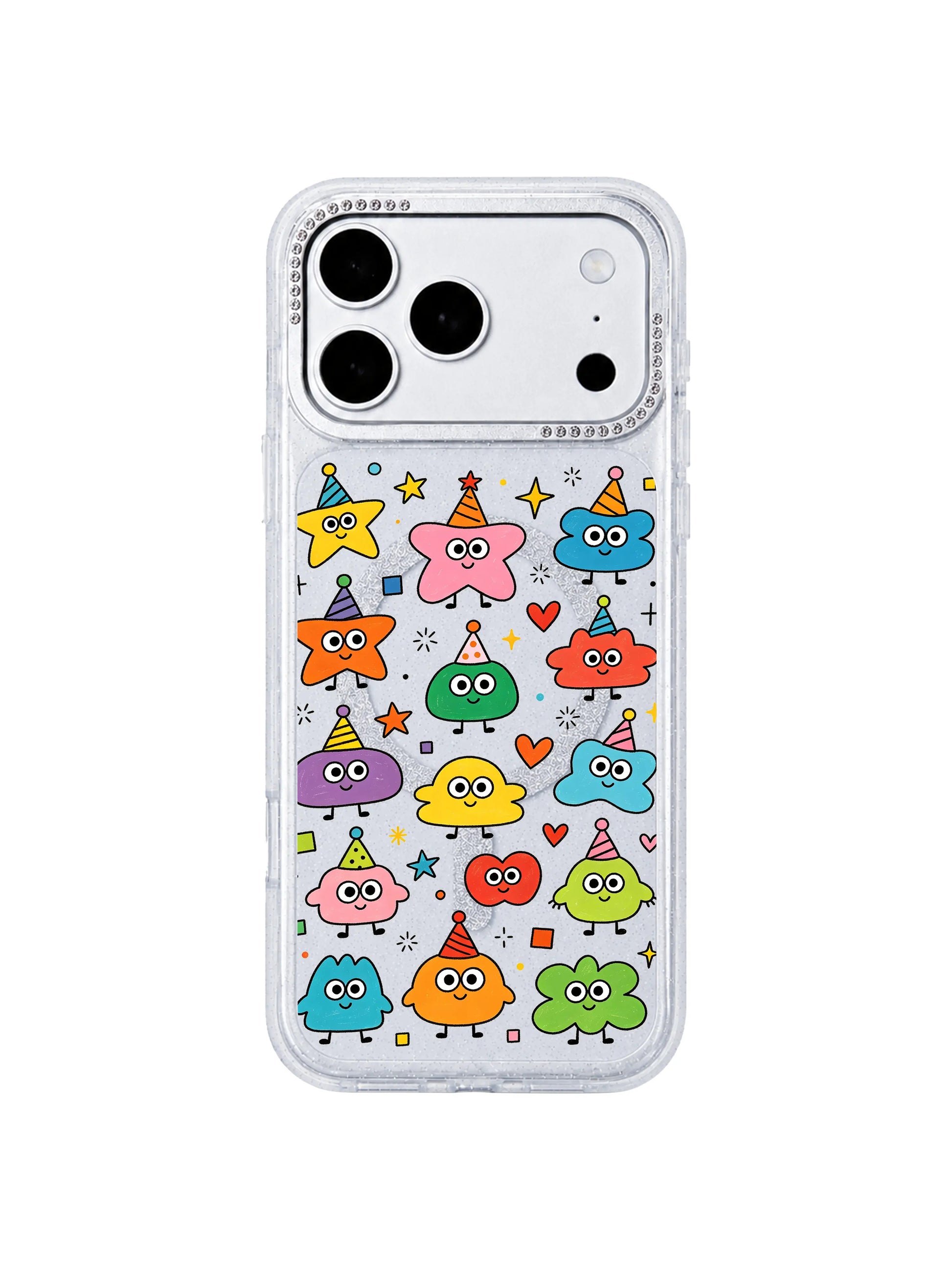 PhoneCasing confetti heart and star accent detail Star Hat Club iPhone 17 Pro Max case, cozy whimsical party art casing exclusive from Milo Popkins x PhoneCasing collab
