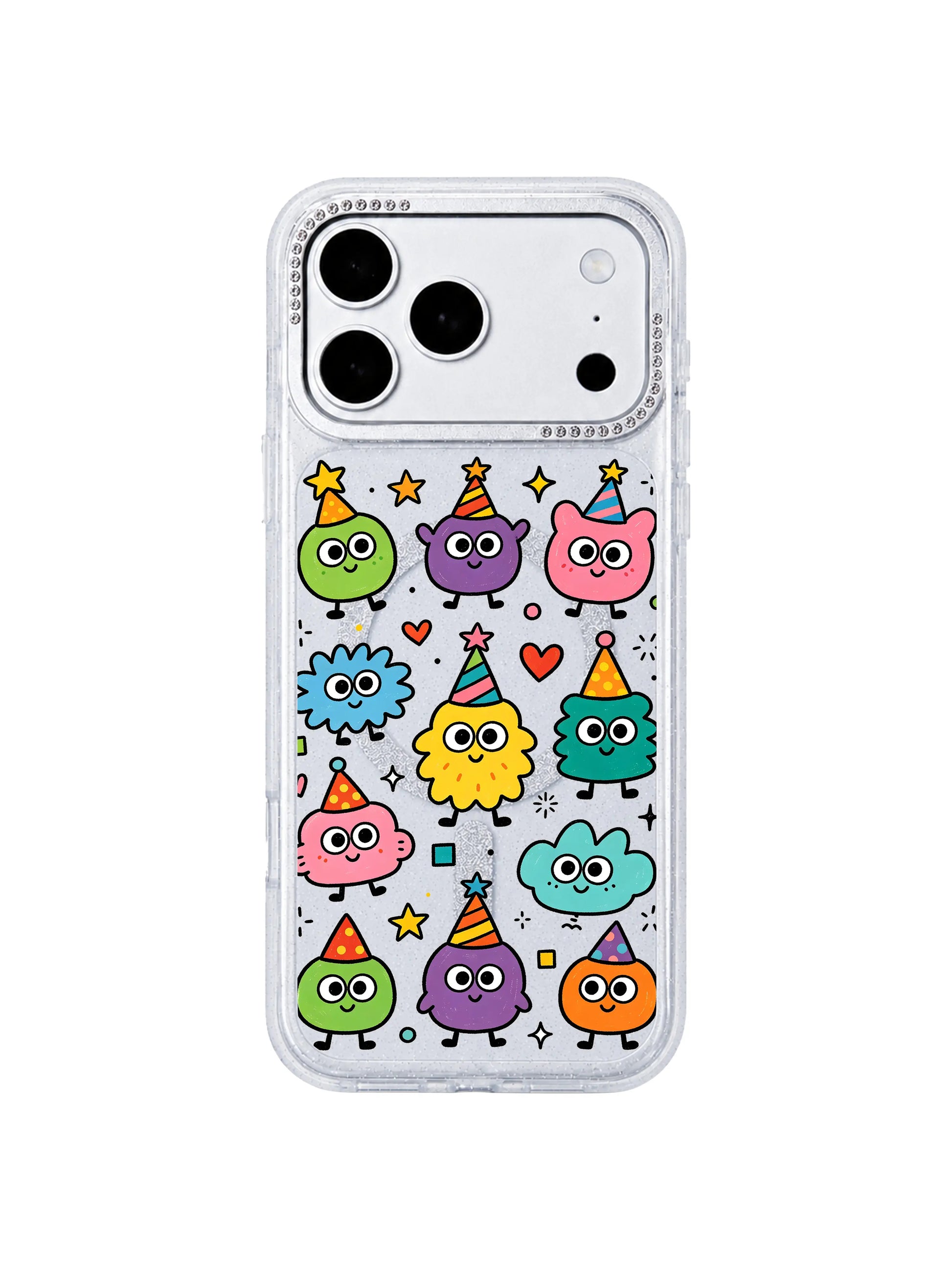 PhoneCasing UV archival ink color vibrancy closeup Star Hat Club iPhone 17 Pro Max case, long-lasting fade-proof custom casing with vivid candy colored monster illustrations
