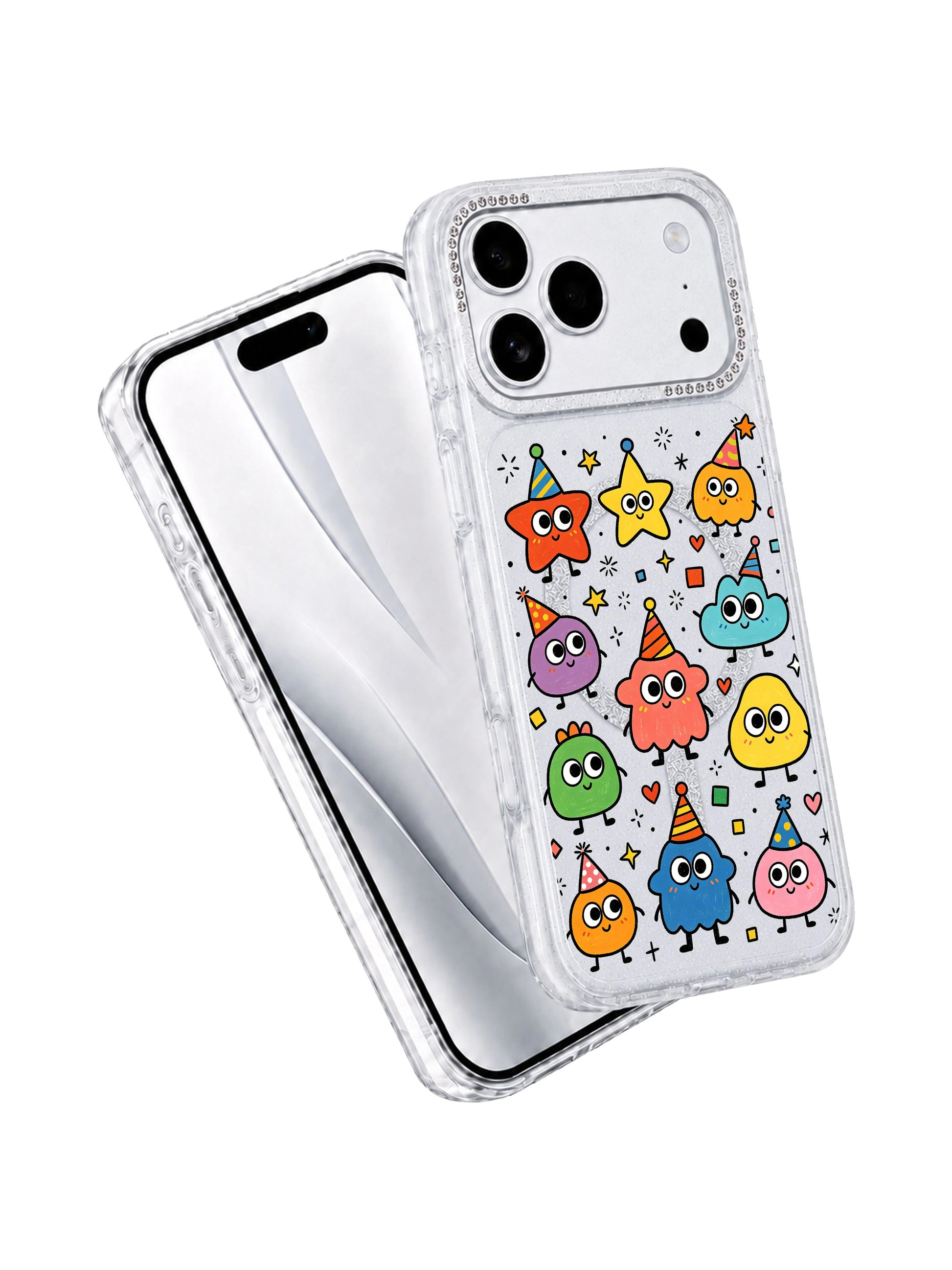 PhoneCasing full design closeup of Star Hat Club iPhone 17 Pro Max case, archival printed wearable art casing featuring unique mood-signal party hats for iPhone 17 Pro Max