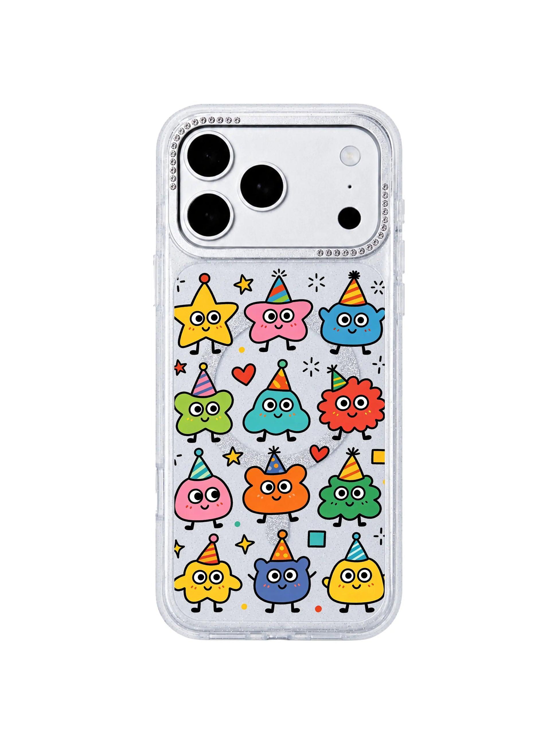 PhoneCasing glitter clear base texture closeup Star Hat Club iPhone 17 Pro Max casing, transparent slim wearable art case that highlights original Milo Popkins doodles