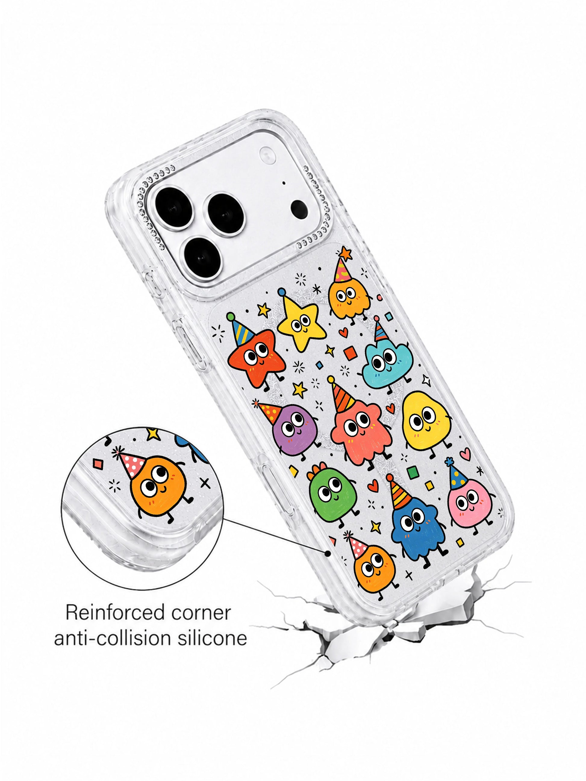 PhoneCasing MagSafe compatible Star Hat Club iPhone 17 Pro Max case, glitter clear custom casing with original Milo Popkins star monster illustration