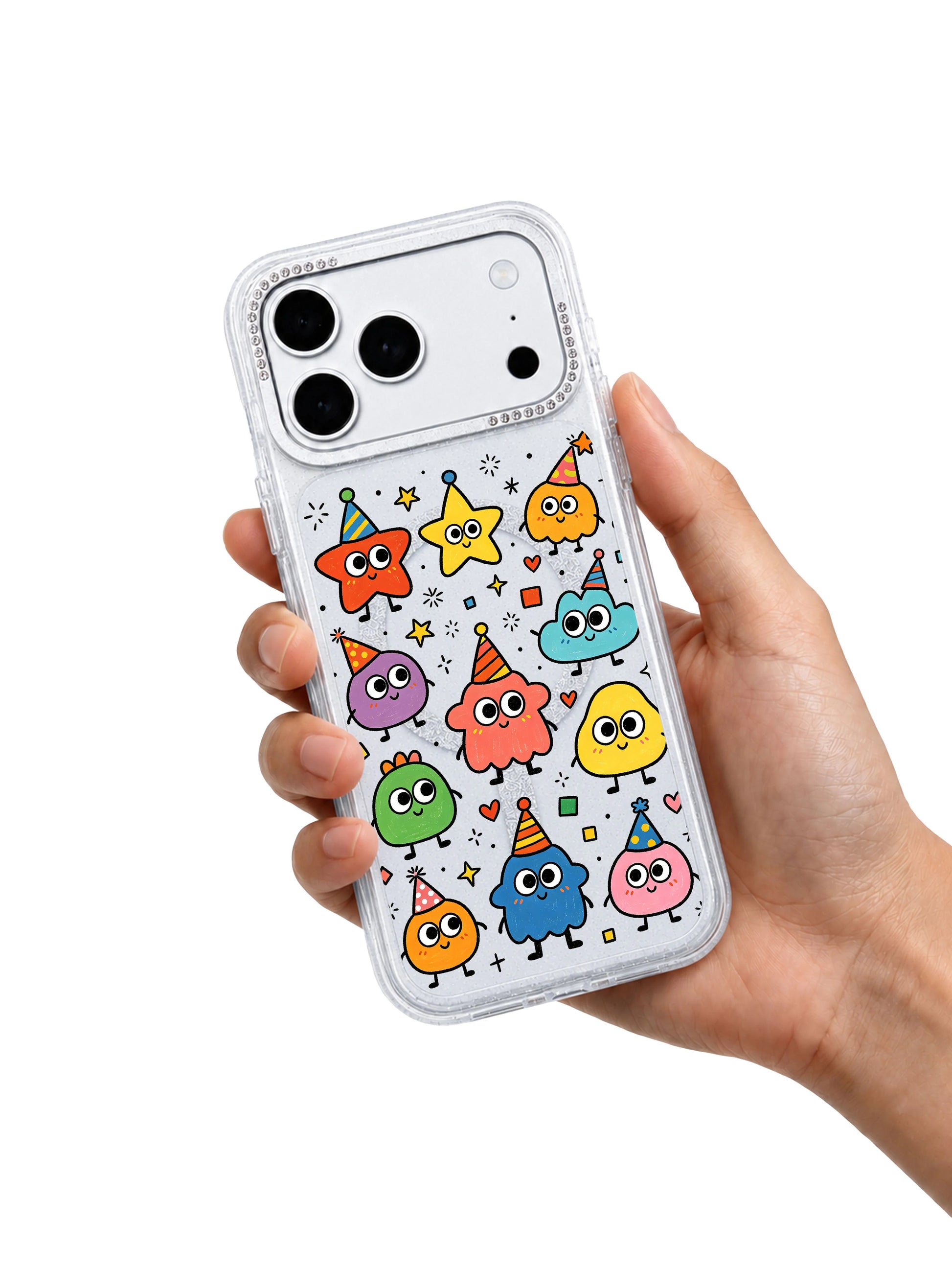 PhoneCasing split angled mockup Star Hat Club iPhone 17 Pro Max case, limited-edition doodle art casing ideal as birthday gift for art-loving women