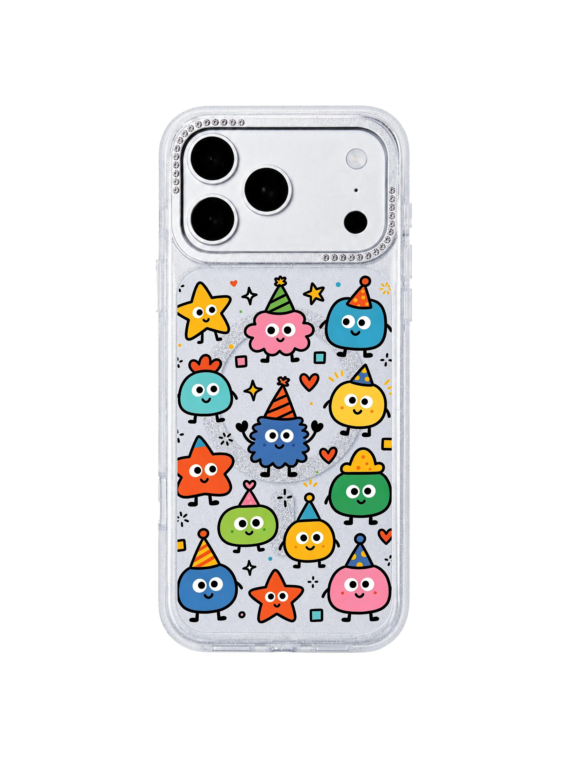 PhoneCasing 3-view composite display Star Hat Club iPhone 17 Pro Max case, complete protective casing showcasing crystal lens trim and full star monster pattern