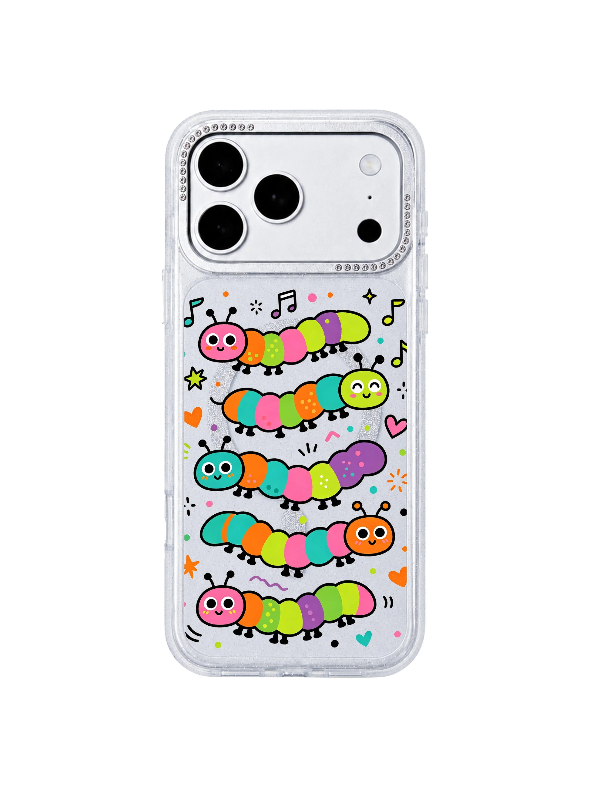 PhoneCasing 45-degree angled mockup listing hero Wink Caterpillar Band iPhone 17 Pro Max case, limited-edition whimsical music doodle casing for store front page traffic